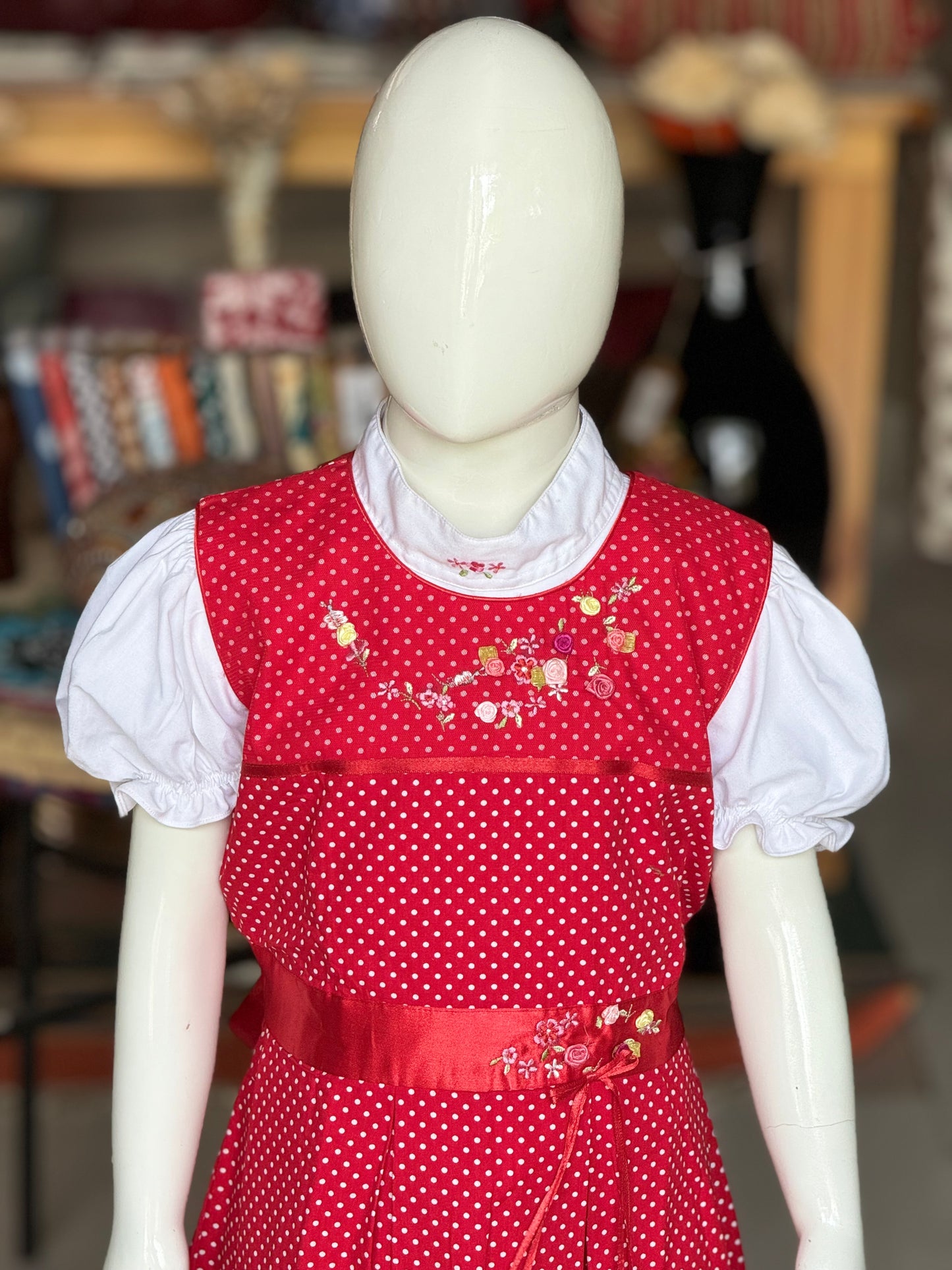 Red polka dots sleeveless cotton embroidered frock with embroidered white puff sleeves inner top for little girls