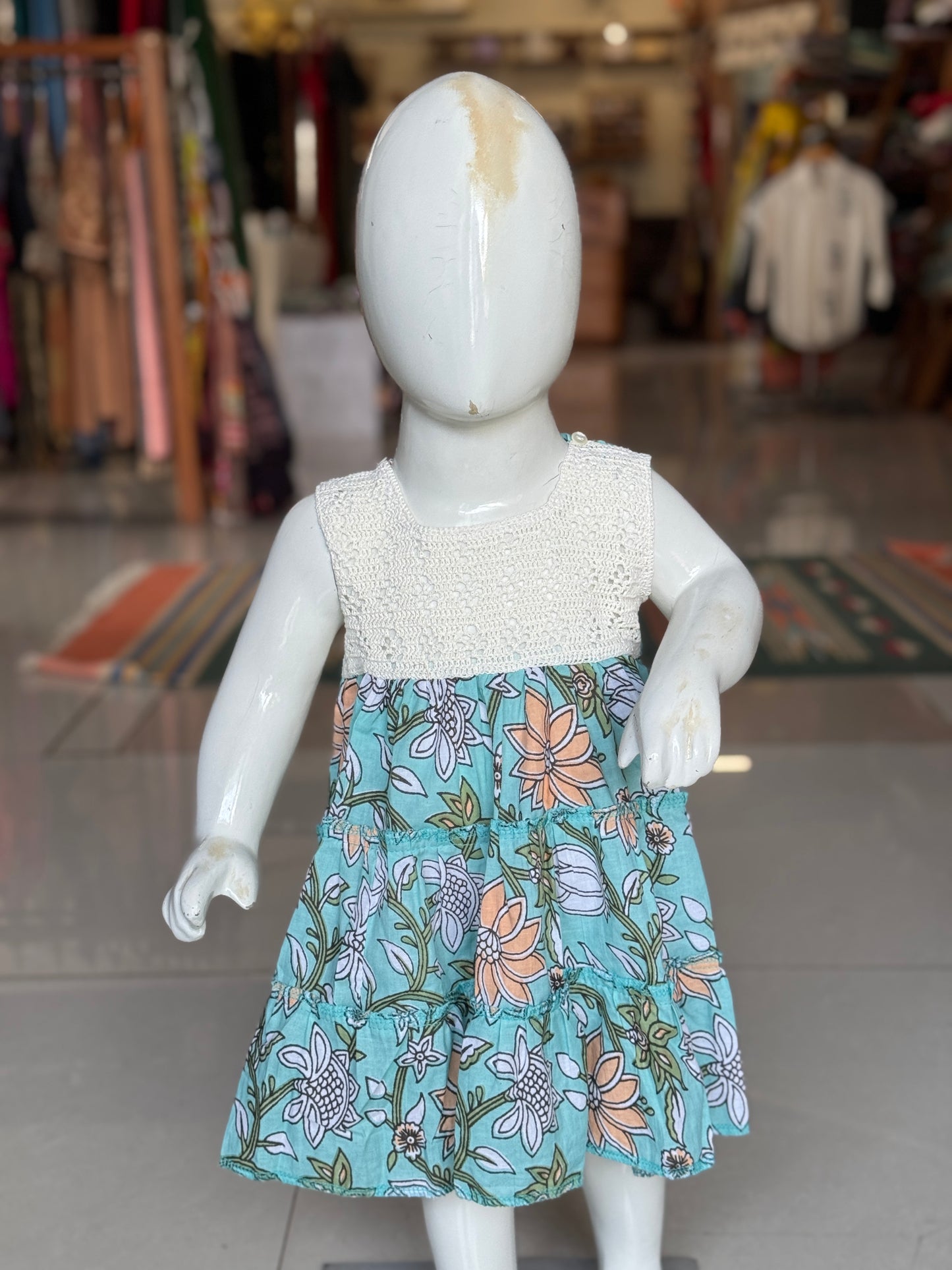 Tiered hand block printed cotton frock with crochet yoke for girls