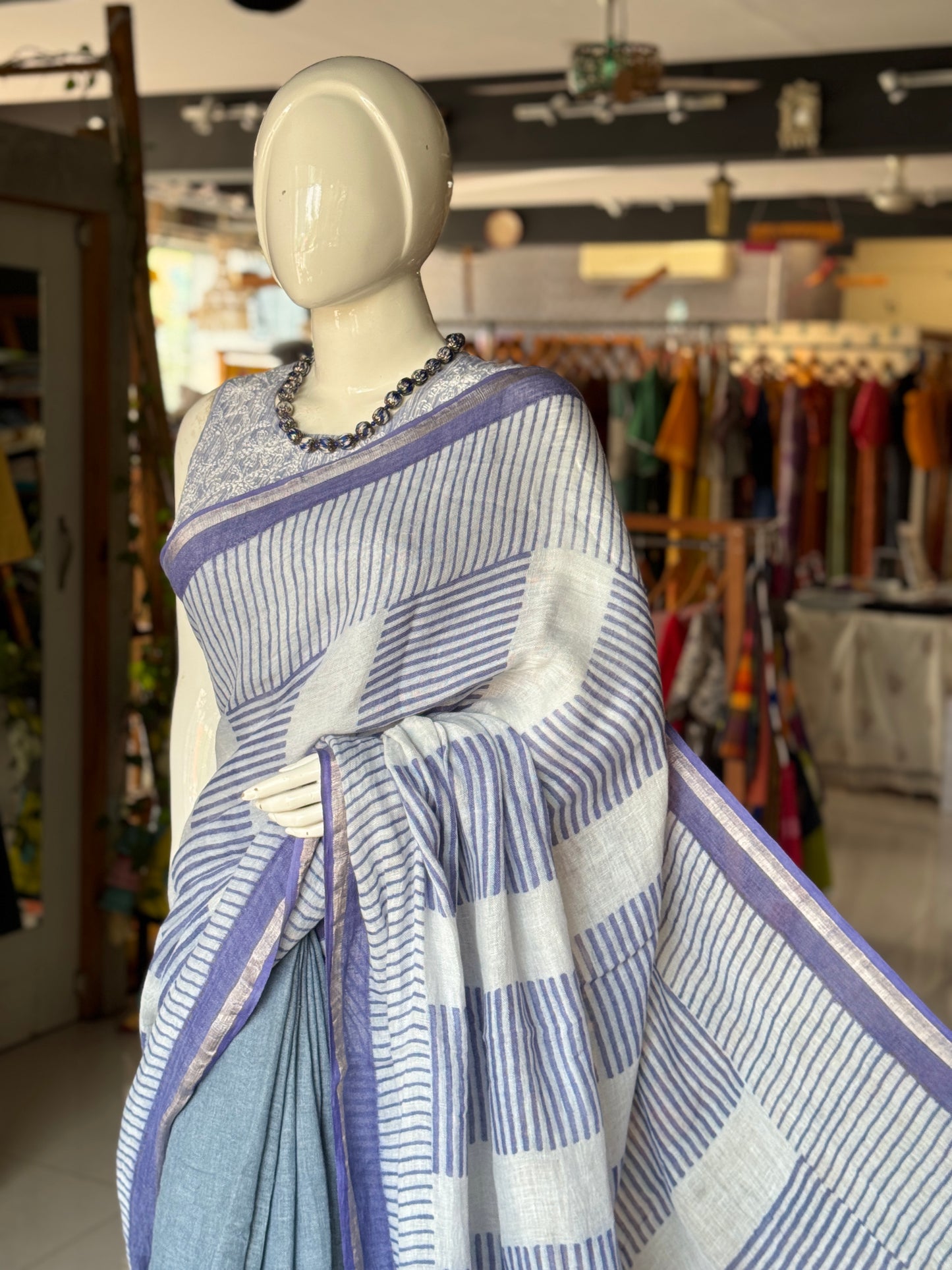 Blue stripes hand block printed linen saree