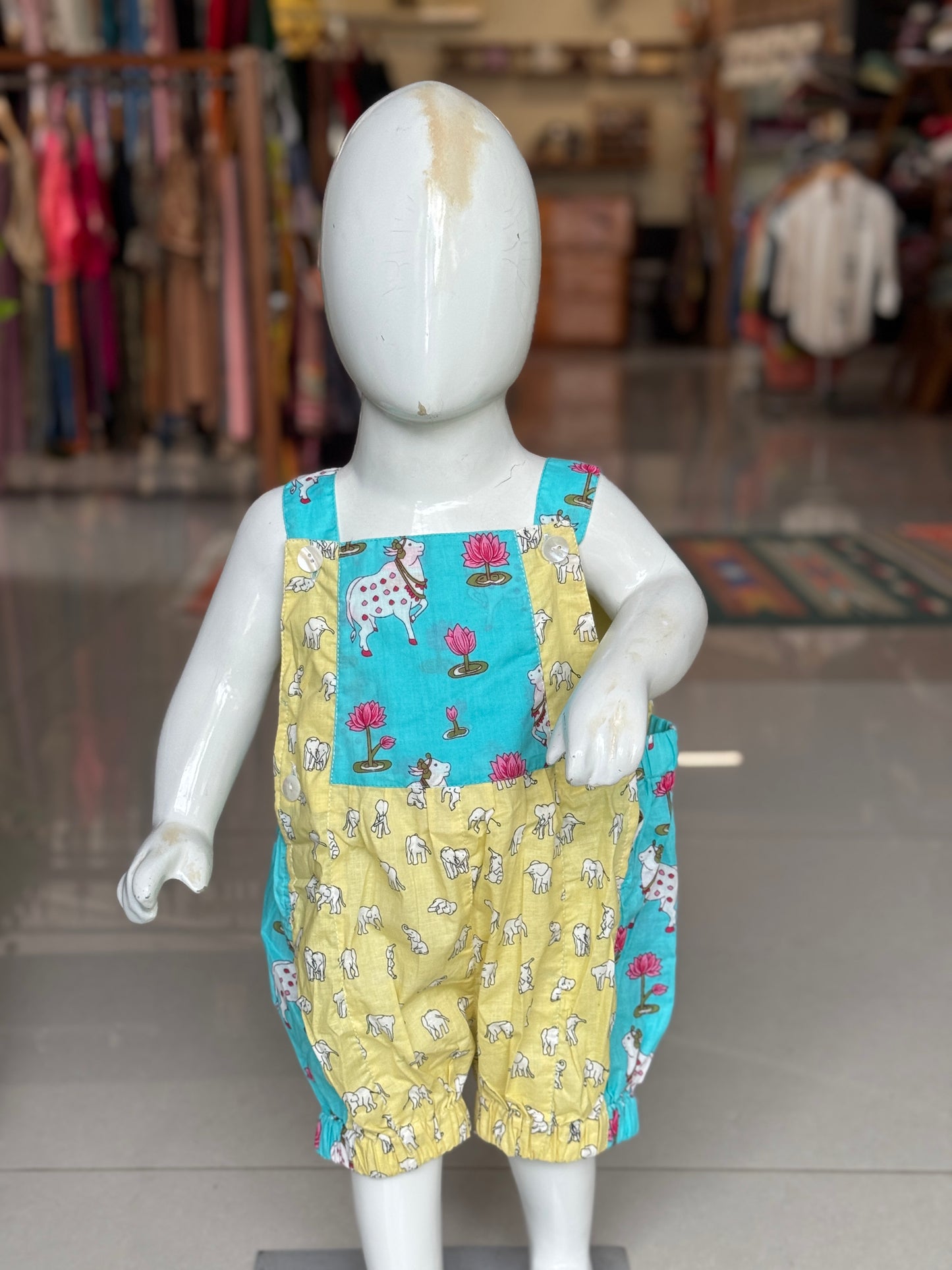 Rompers for babies - hand block printed upcycled soft cotton fabric scrap based unisex outfit for boys and girls