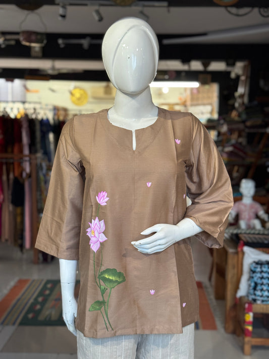 Silk cotton handpainted short kurta for women - multiple designs available