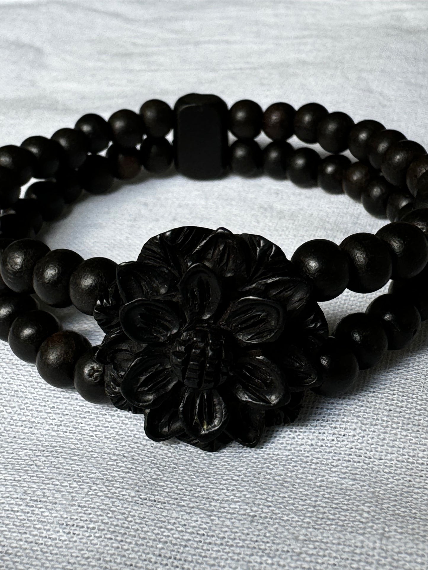 Black ebony wood 2 layers beads bracelet with carved flower center - free size, with elastic