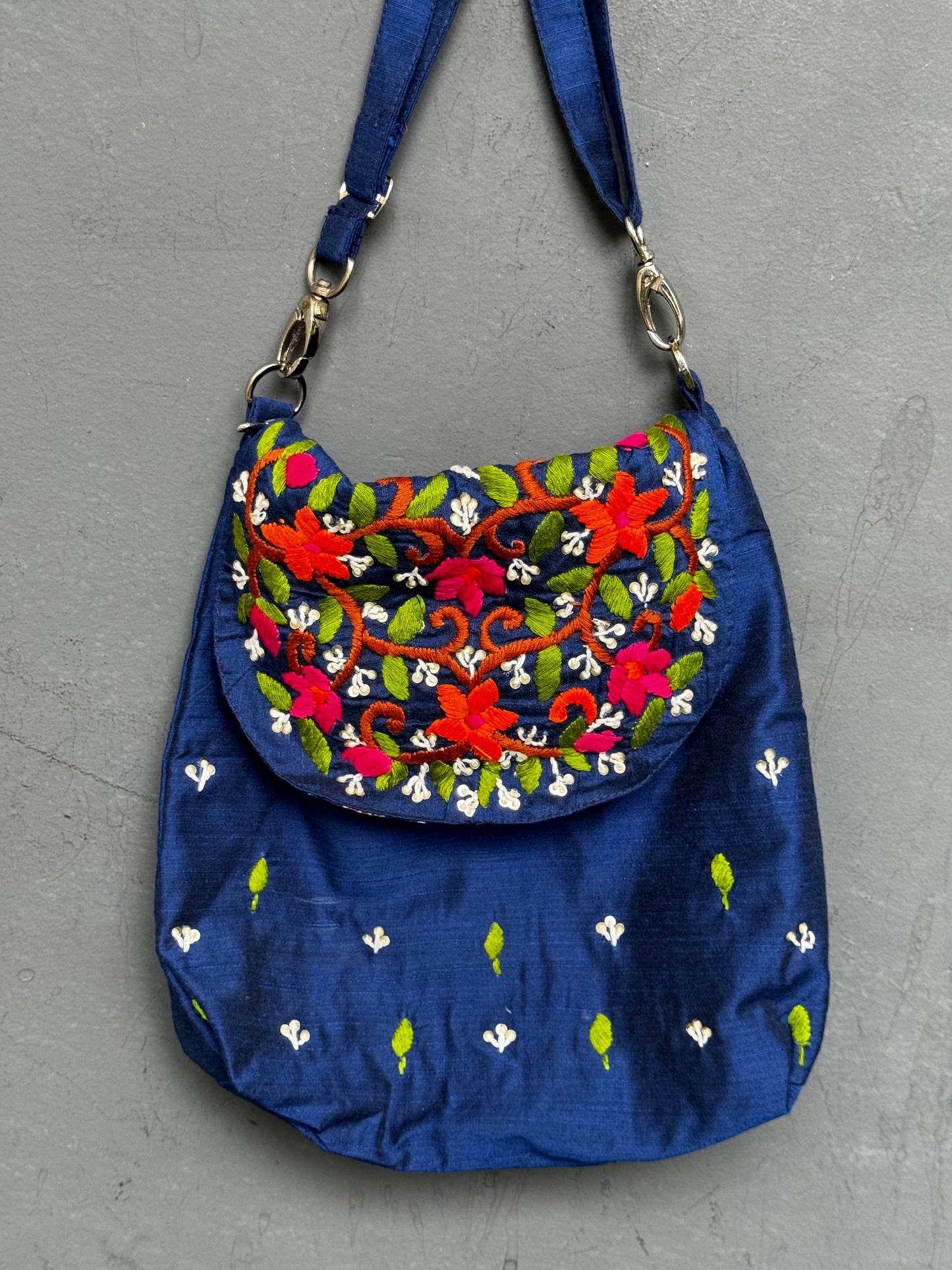 Light weight fabric bag with colourful hand embroidery - adjustable length sling bag