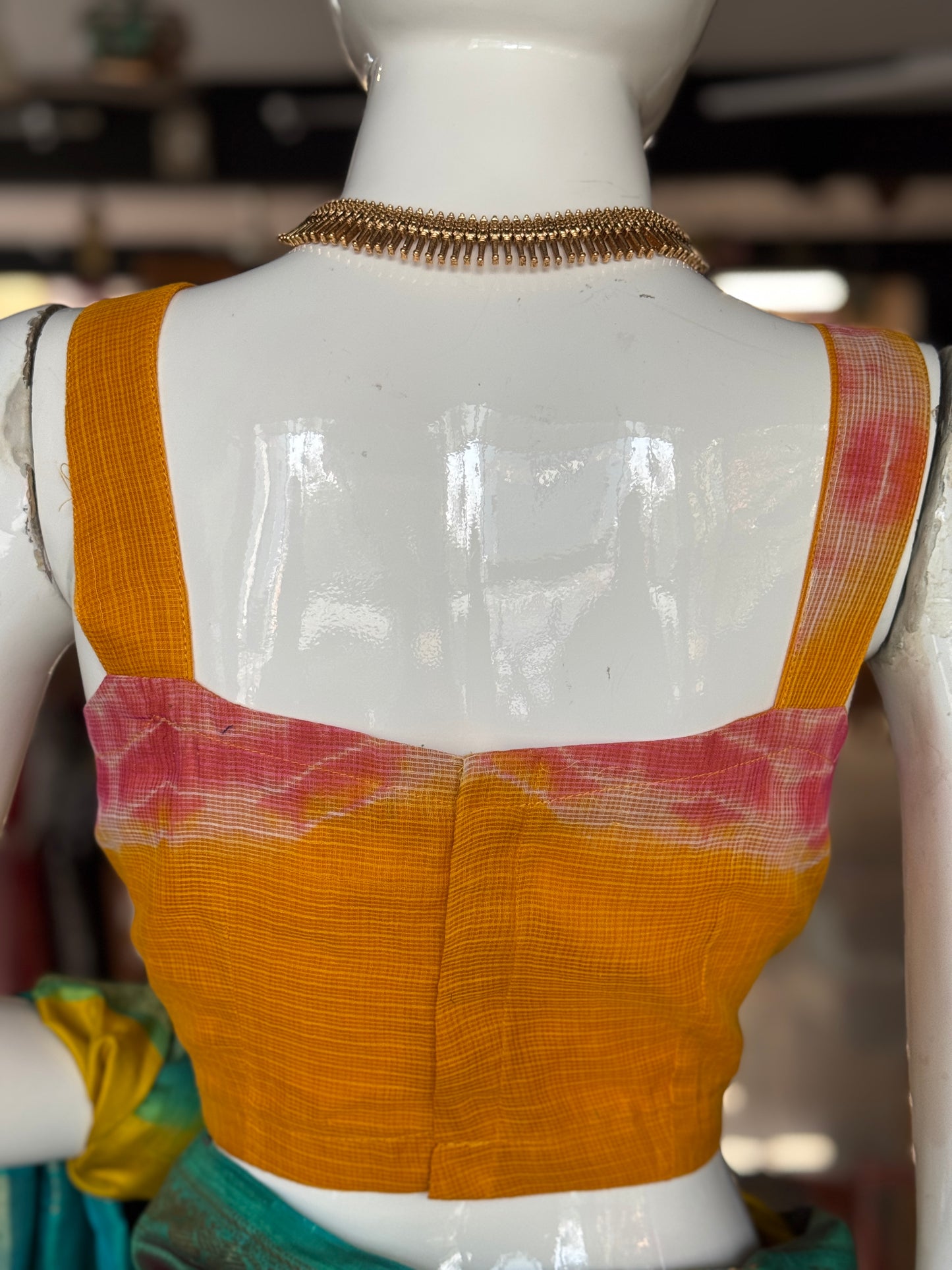 Mango yellow kota cotton back open strap sleeves blouse