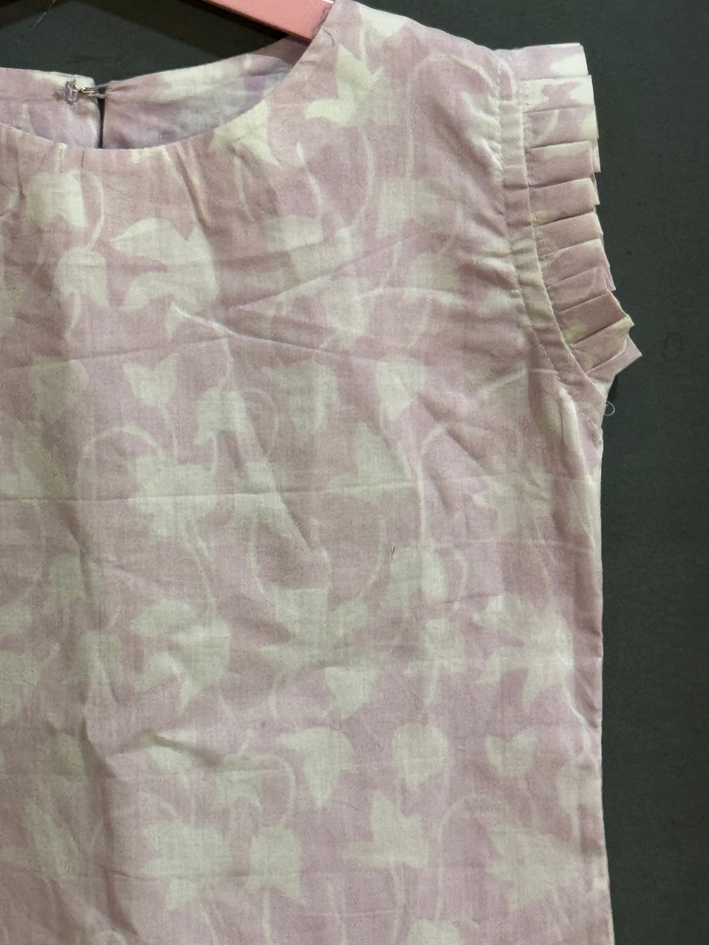Light lavender hand block printed cotton top for girls with heart cutout at the back