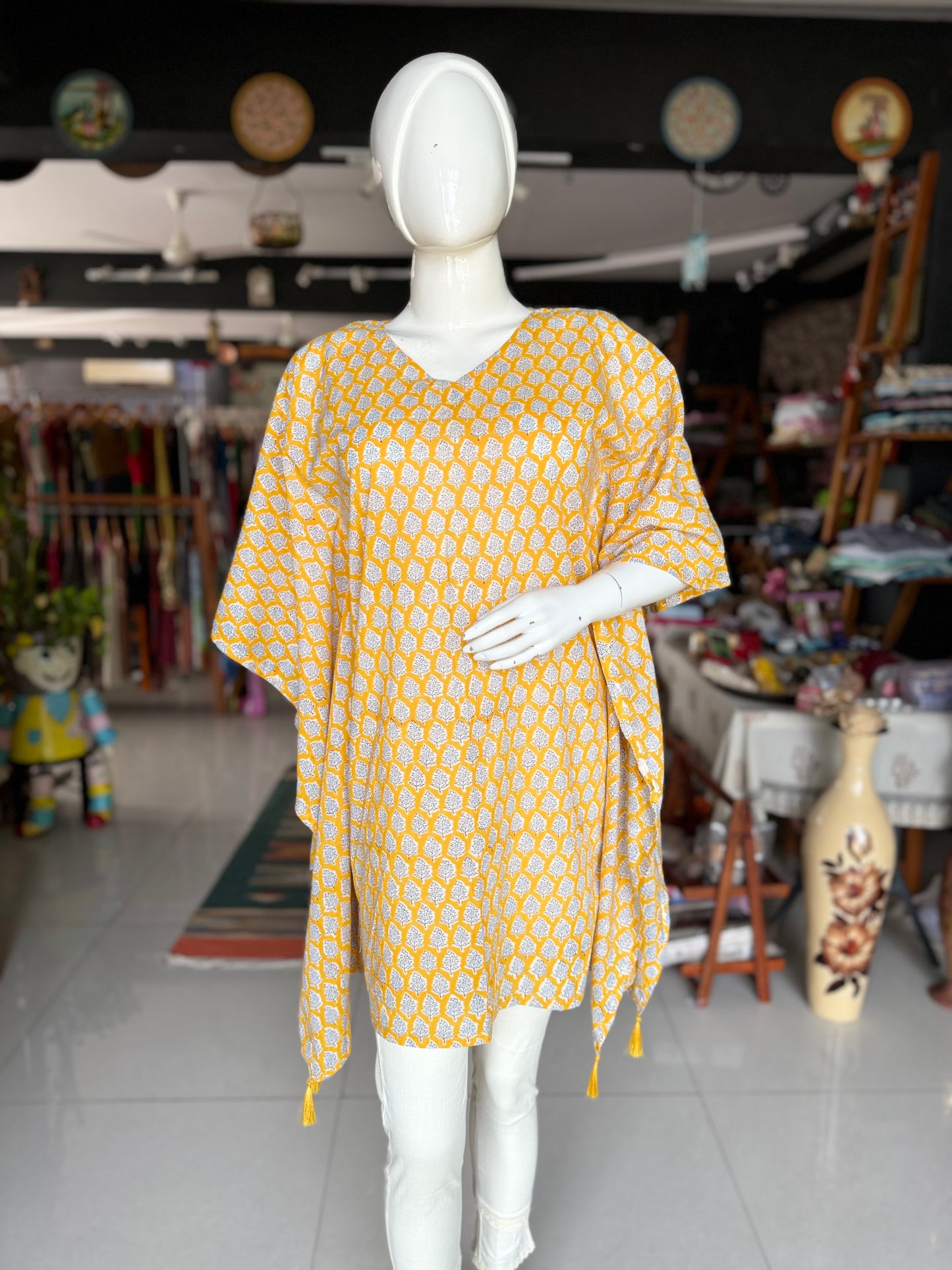 Yellow hand block printed cotton kaftan top / dress with tassles in the corners