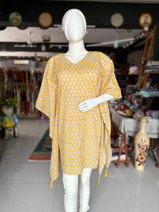 Yellow hand block printed cotton kaftan top / dress with tassles in the corners