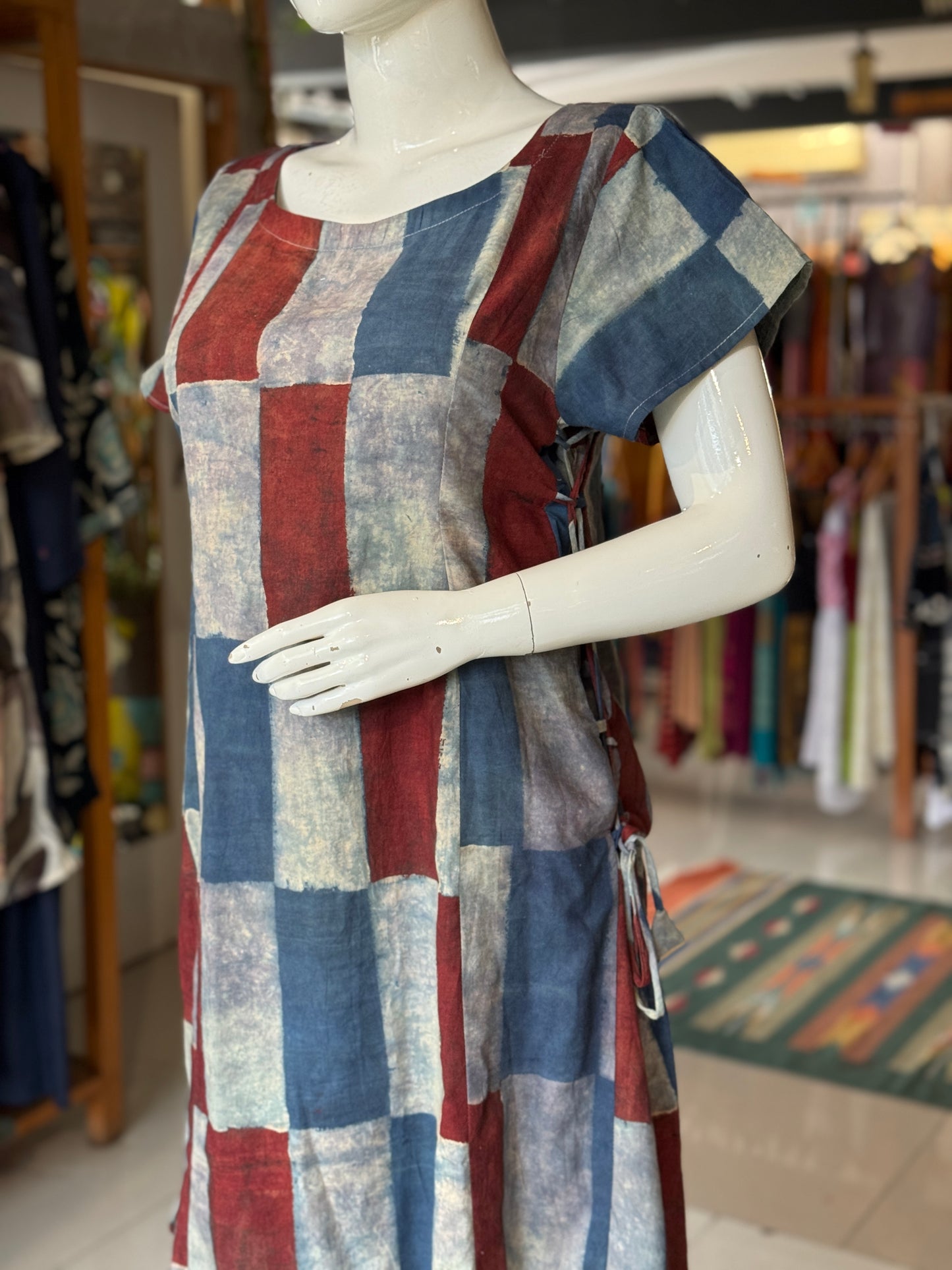 Ajrakh rectangles print side ties dress - cotton, natural dyed, hand block printed