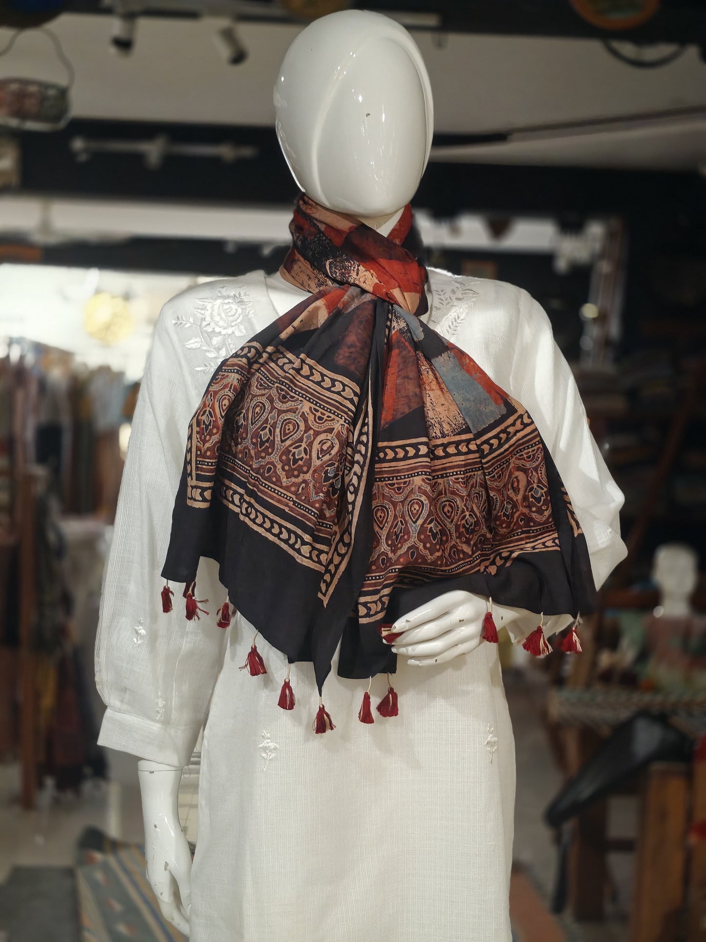 Ajrakh cotton stole - hand block geometric prints