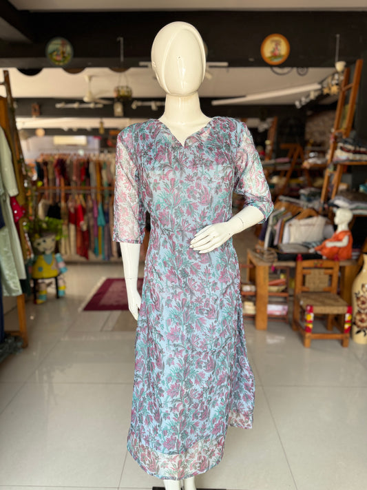Pastel blue floral hand block printed easy breezy kota cotton dress with cowl neck