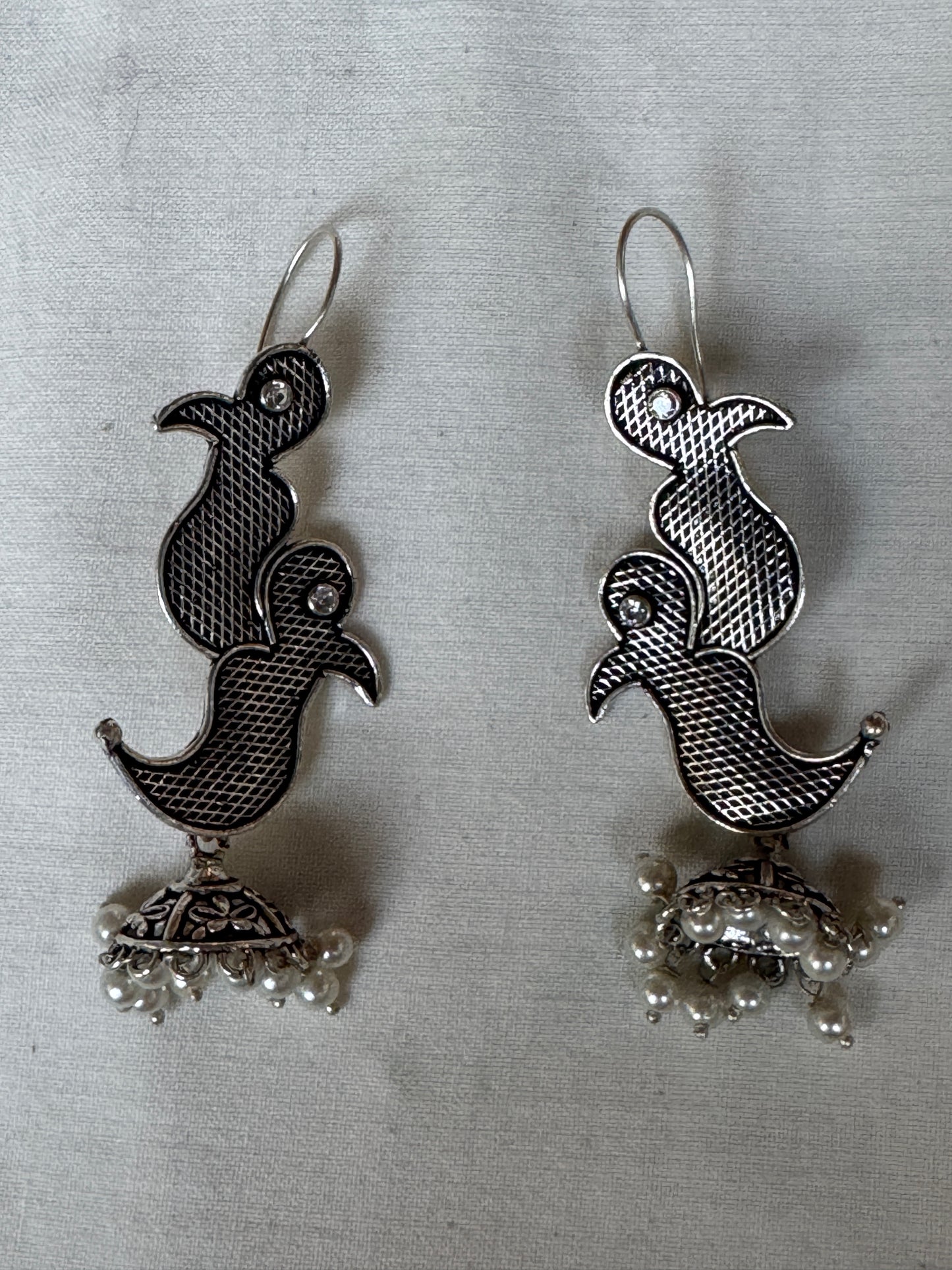 2 birdies with jhumkas - oxidised silver look brass hook ear rings