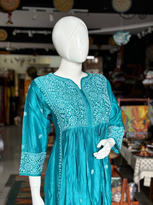 Teal green chikankari mukaish hand embroidered Chanderi kurta / dress