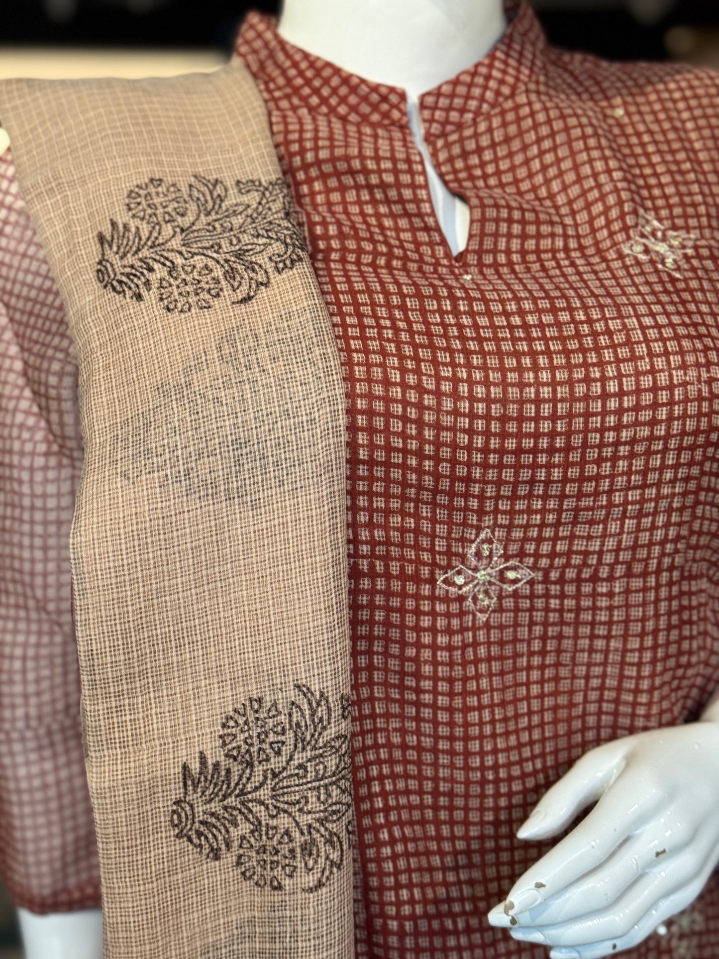 Rust checks print kota cotton straight kurti, pants and dupatta set - with hand embroidery