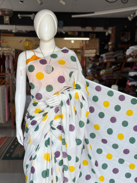 Colorful circles - white hand block printed soft cotton yardage saree