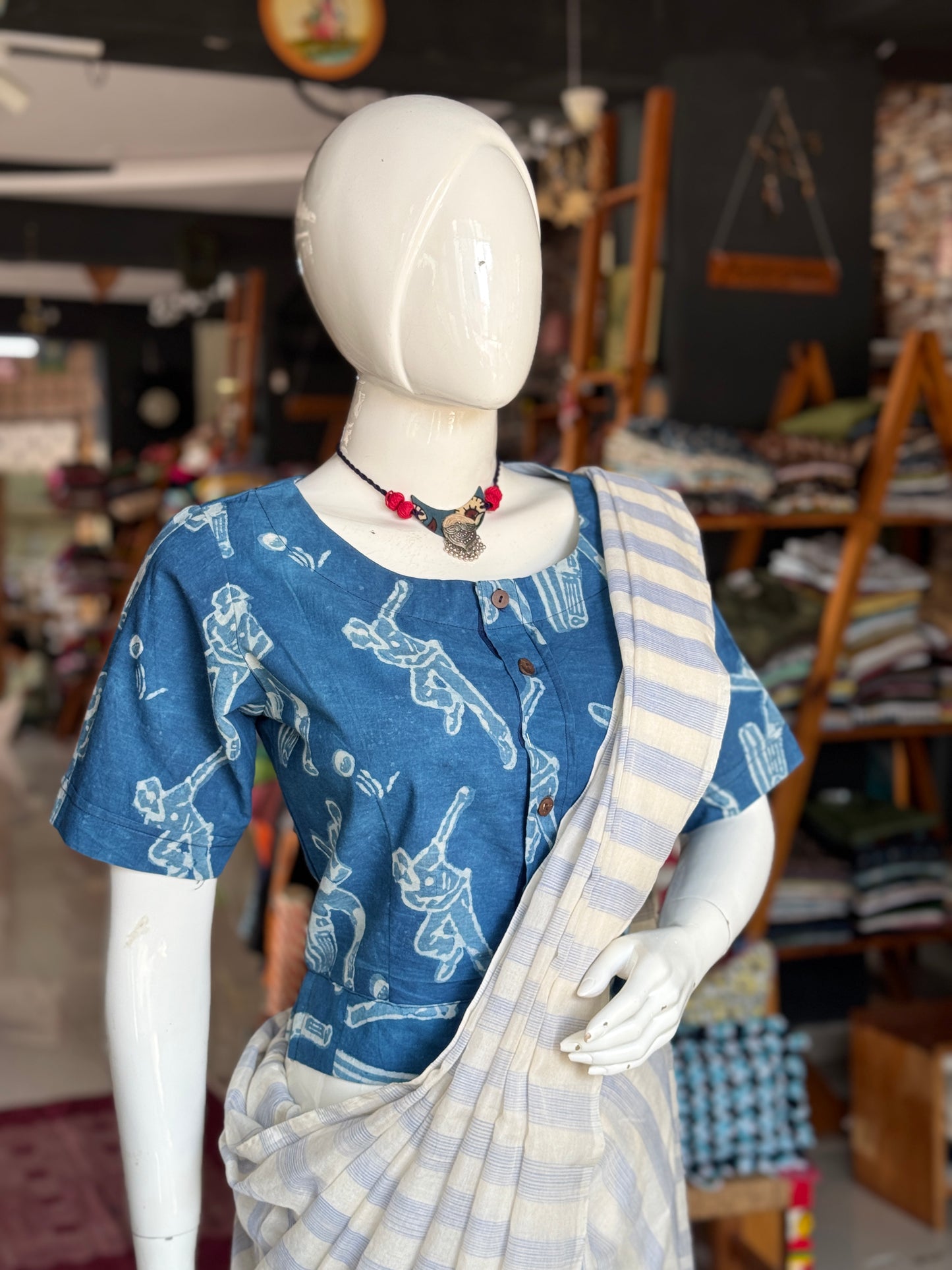 Cricket fever - natural dyed indigo blue hand block printed crop top / blouse