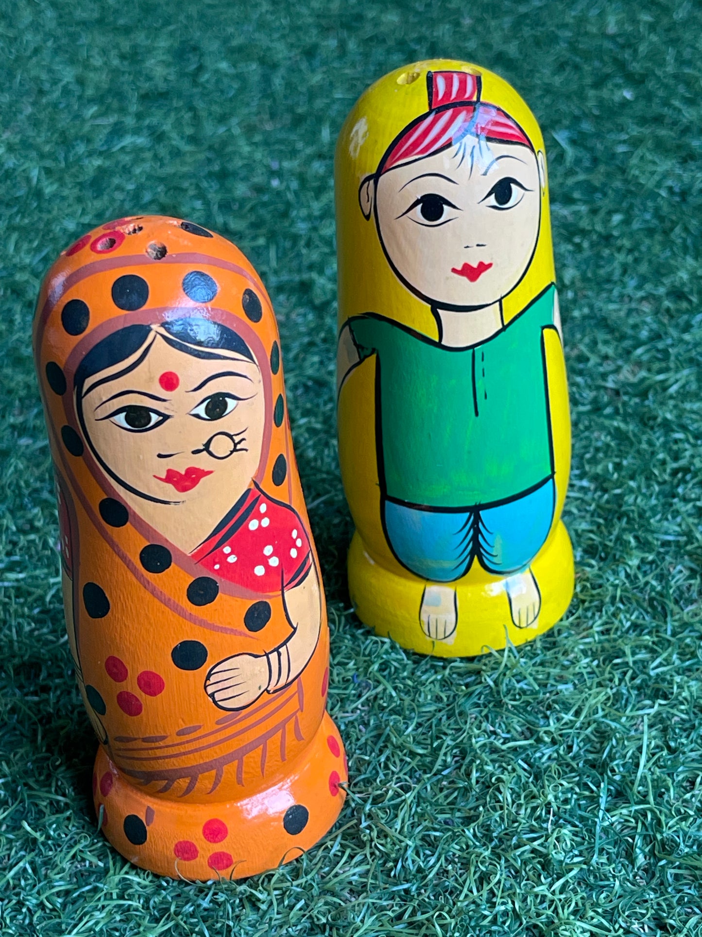 Colourful salt and pepper shaker - handmade wooden hand painted set