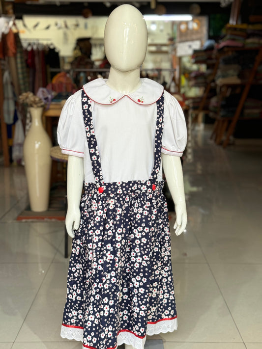 Navy blue floral suspender look cotton embroidered frock with attached white collared top for girls