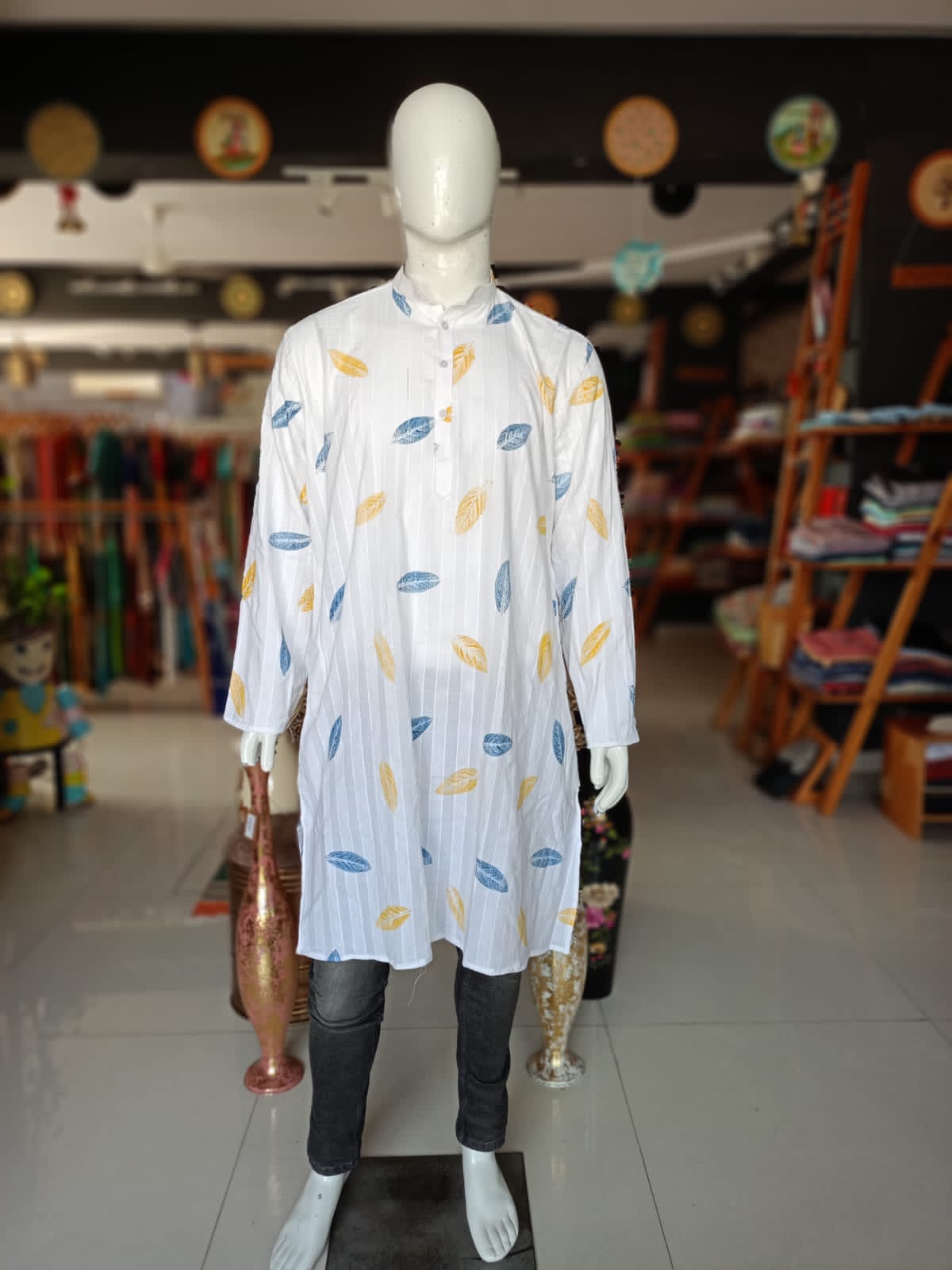 White handloom self stripes cotton long kurta with leaves hand block print