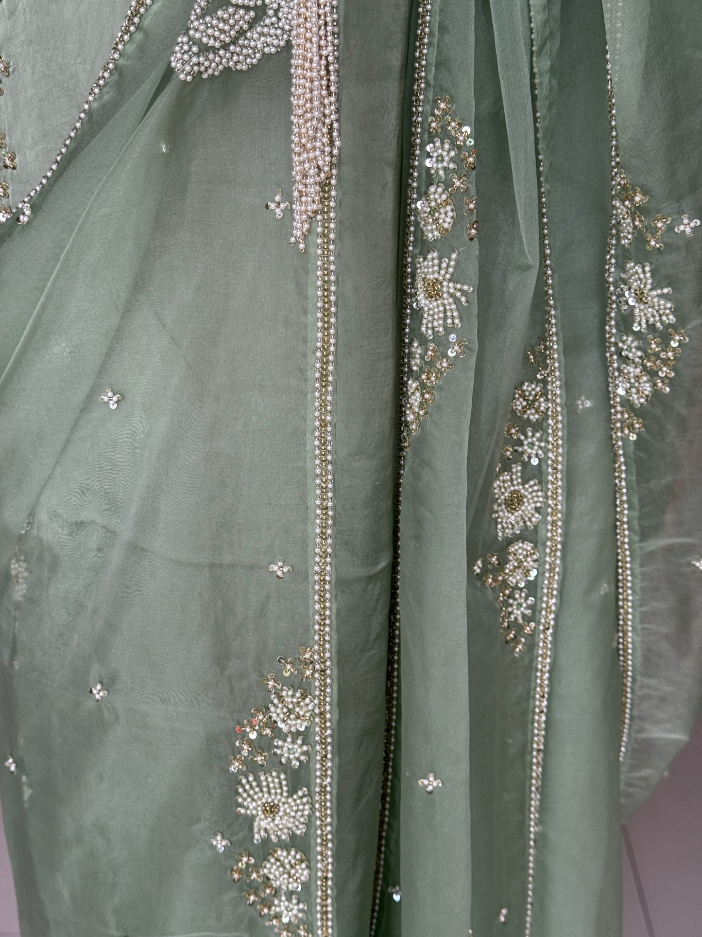 Pastel green magic - hand embroidered long satin georgette kurti, cotton silk pants, organza dupatta - 3 piece set
