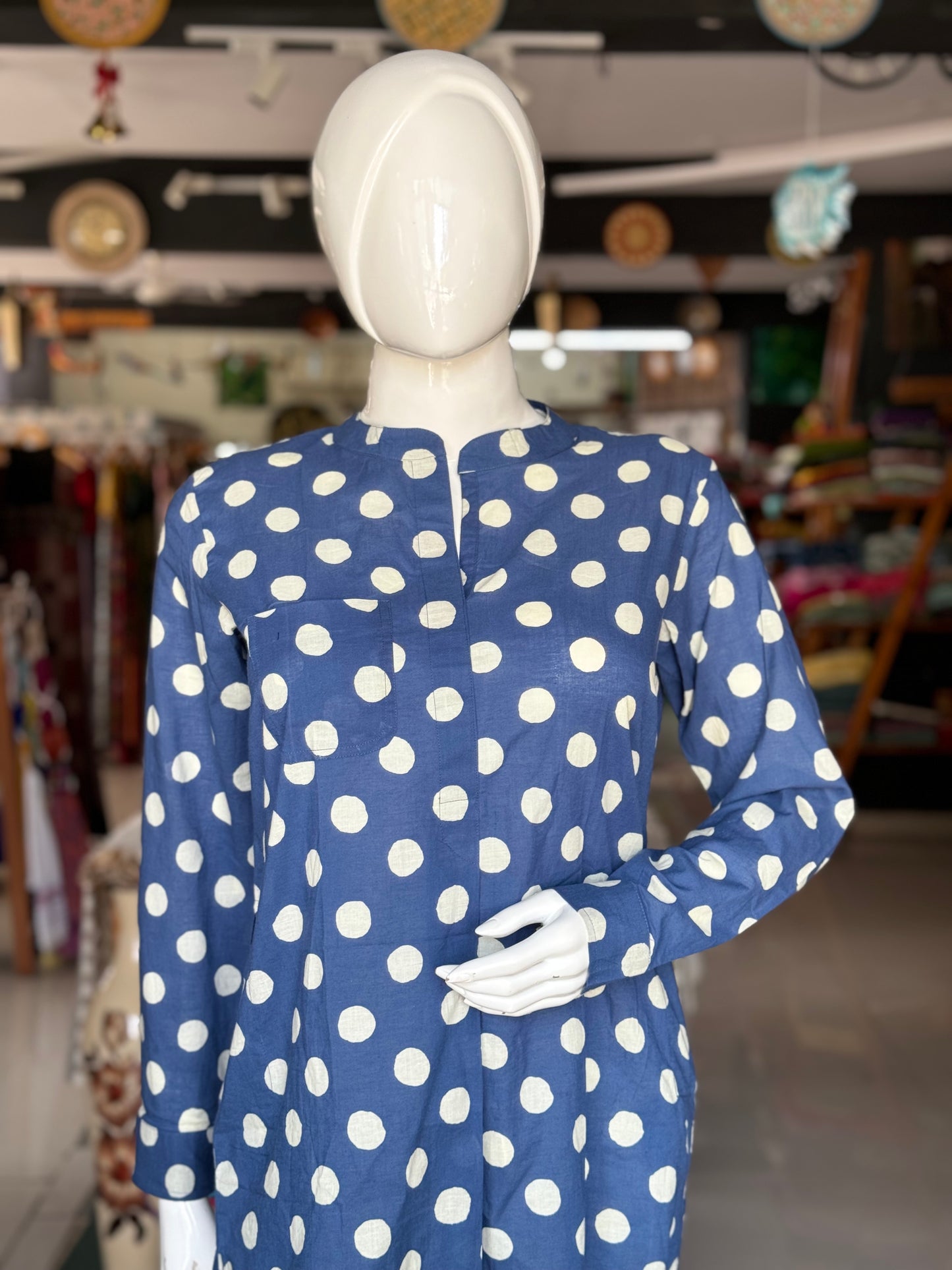 Indigo polka dots hand block printed cotton kurti with pocket and band collar