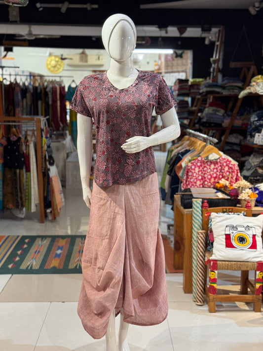 Maroon n white fine stripes yarn dyed hand woven cotton designer skirt - with pockets