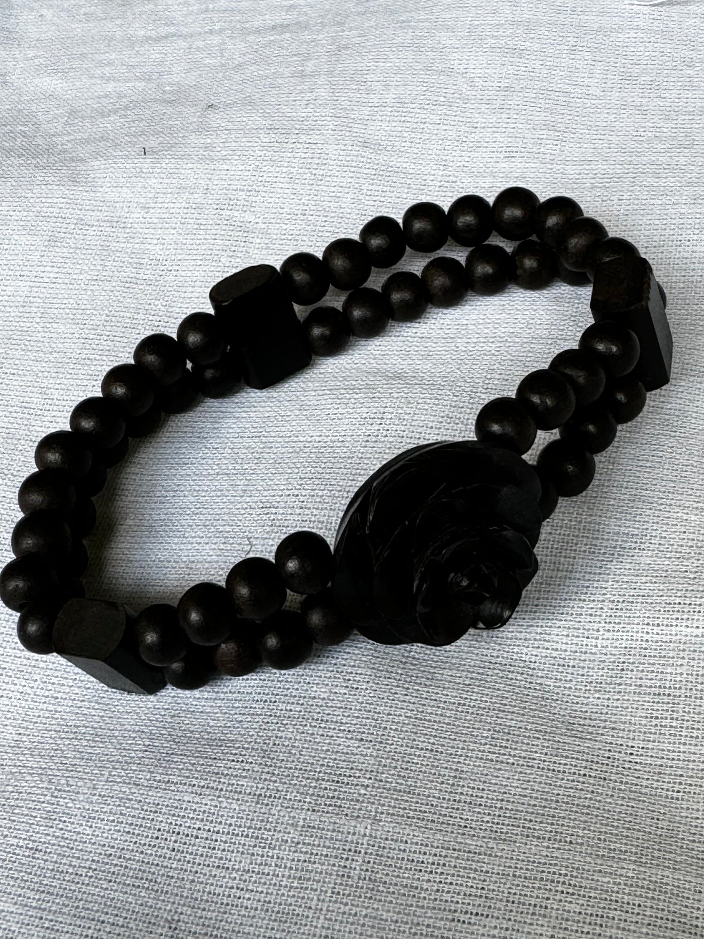 Black ebony wood 2 layers beads bracelet with carved flower center - free size, with elastic