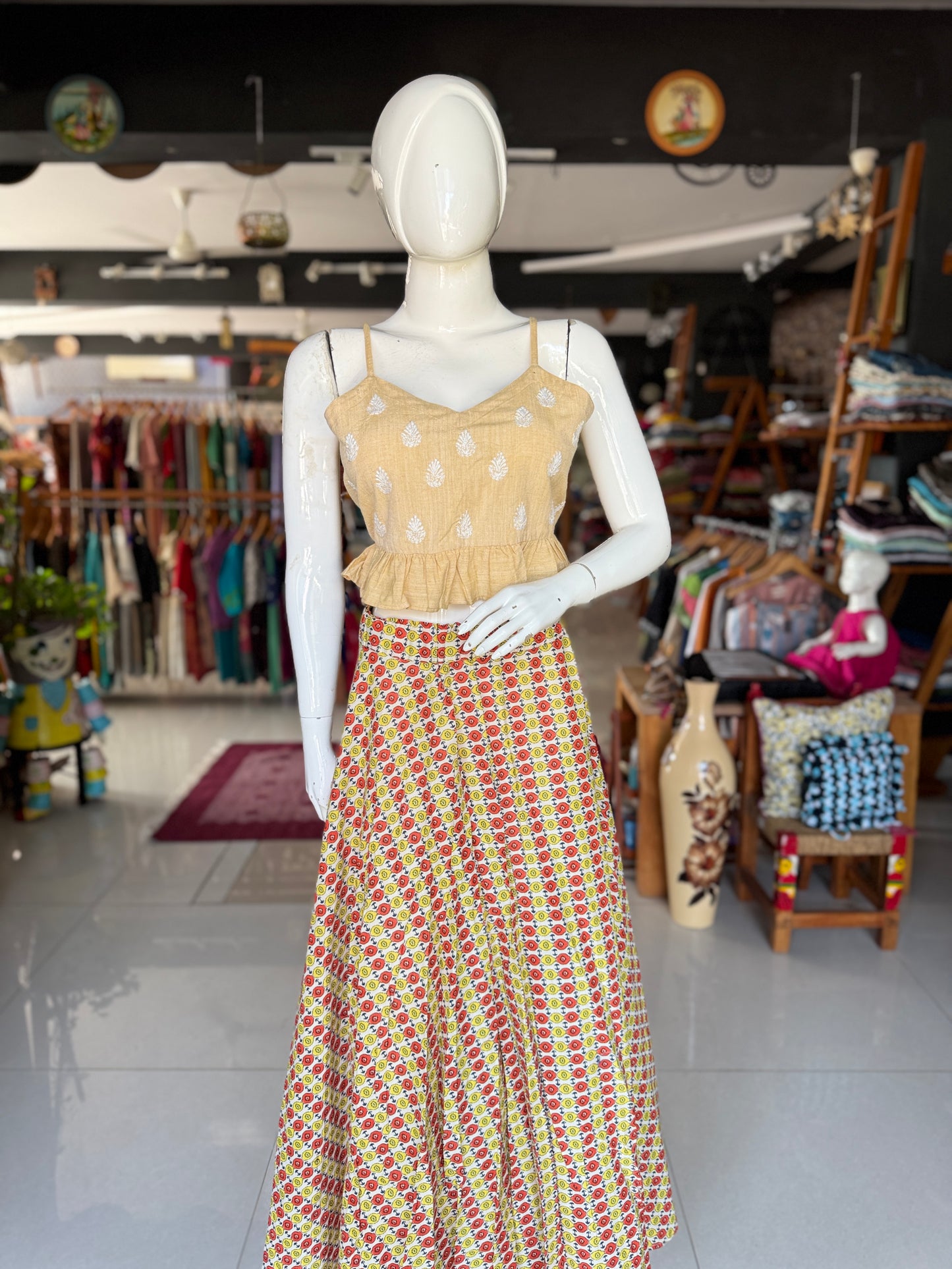 Frilled hem Crop top / blouse with thin straps - Chikankari hand embroidered handwoven cotton crop top / blouse