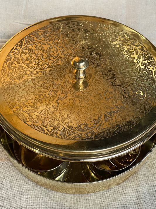Brass 7 inches spice masala box - with 7 jars and a spoon
