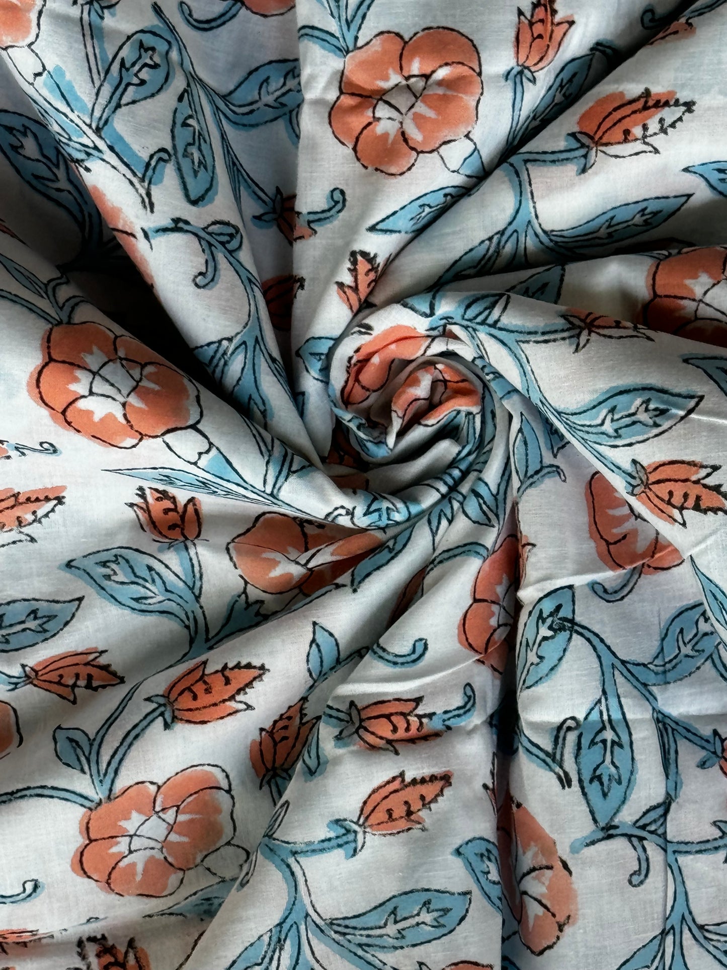 White with peach flowers and blue leaves hand block printed soft cotton fabric