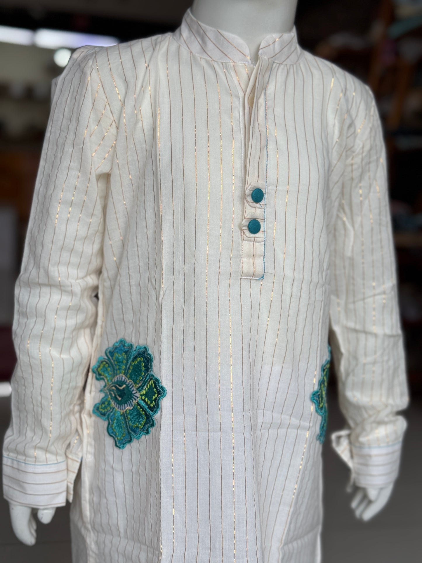 Lurex stripes off white cotton long kurta for boys with embroidery detailing