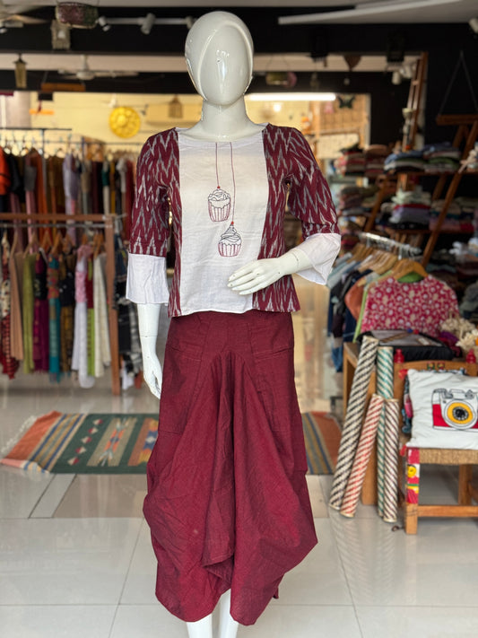 Maroon powerloom cotton designer skirt - with pockets