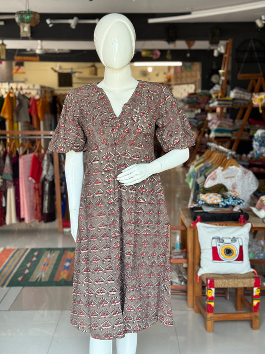 Grey peacock hand block printed twisted front cotton dress