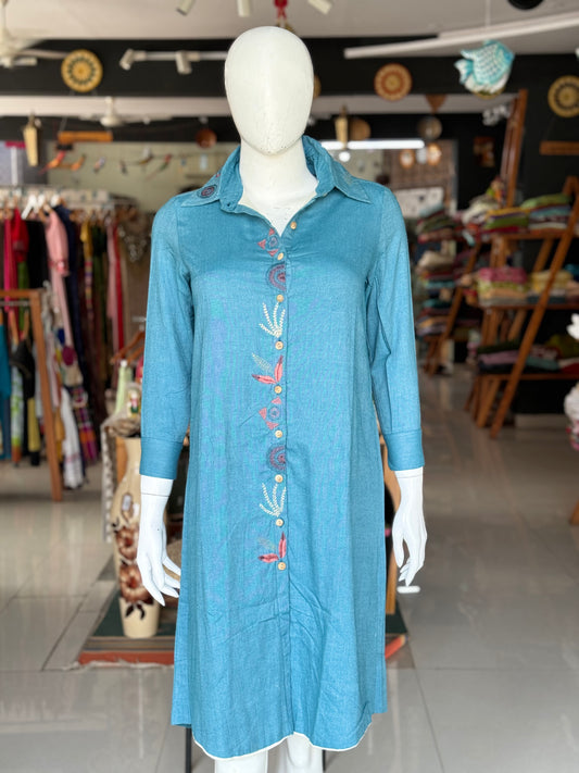 Teal blue cotton hand embroidered shirt dress