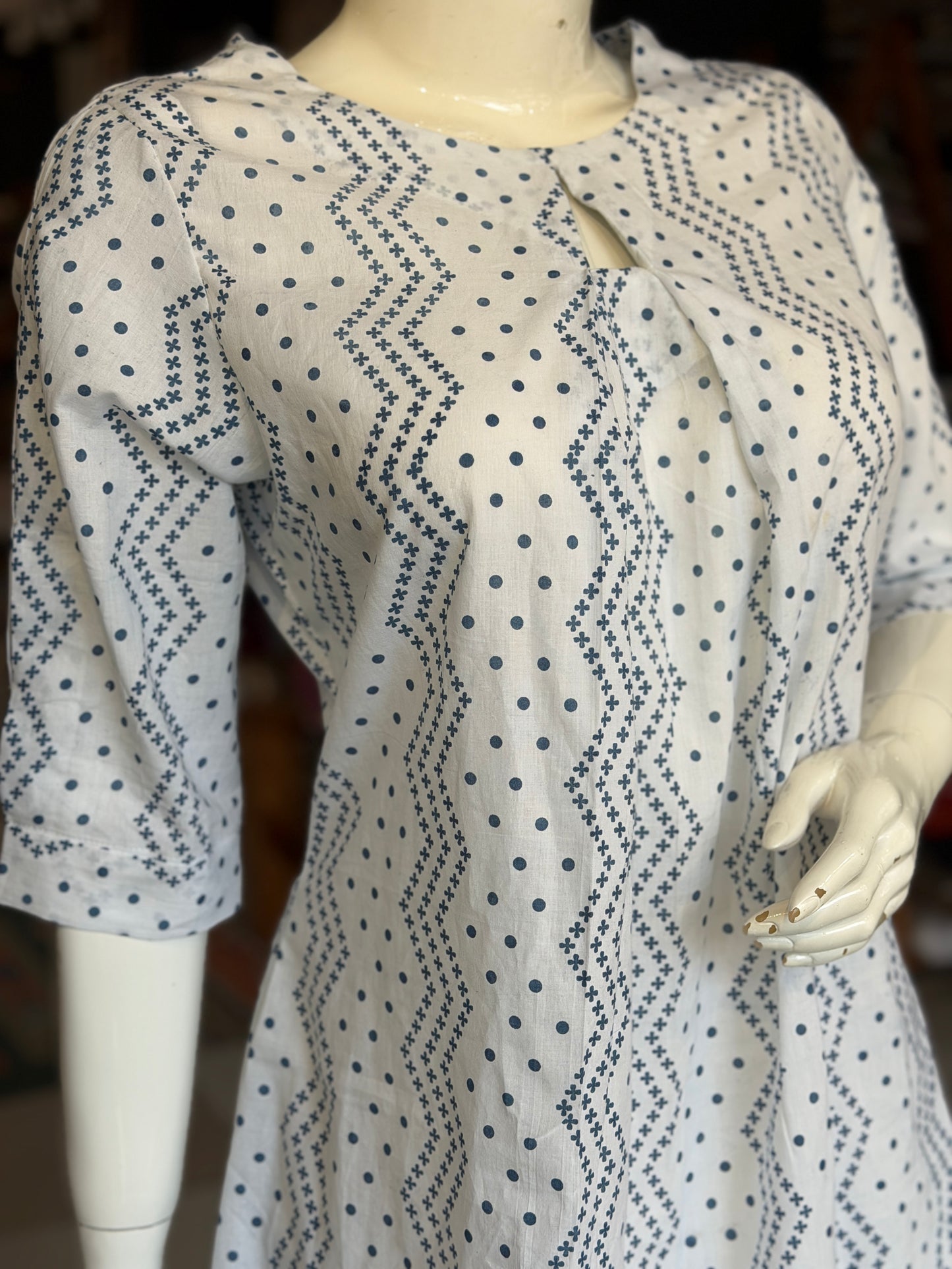 White with blue dots and flowers natural dye print cotton dress / a-line Kurti