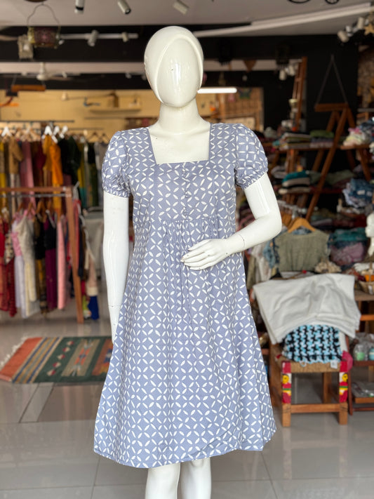Grey petals design hand block printed cotton dress with puff sleeves