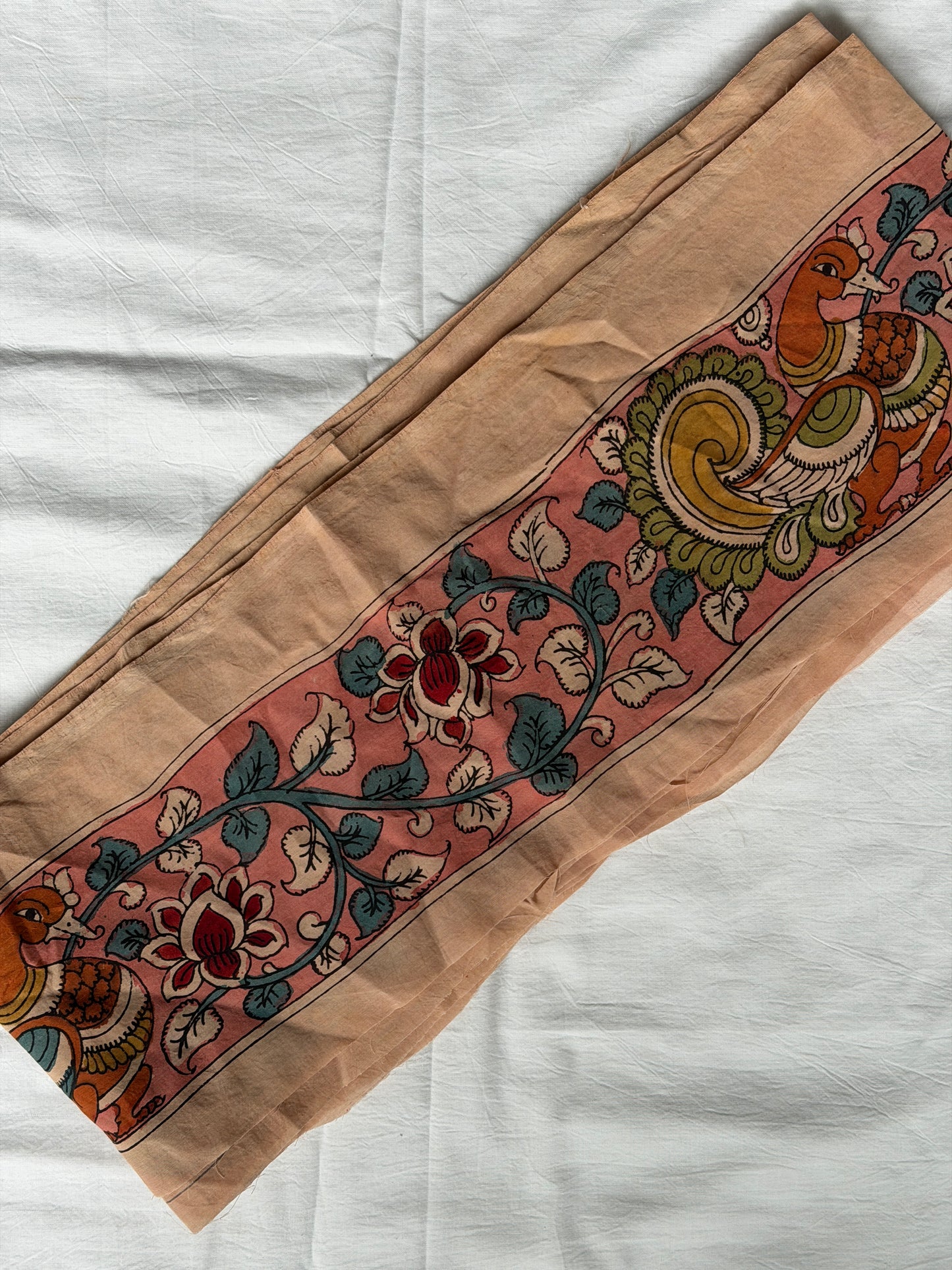 Pink Silk pen Kalamkari hand painted border with peacocks and flowers design