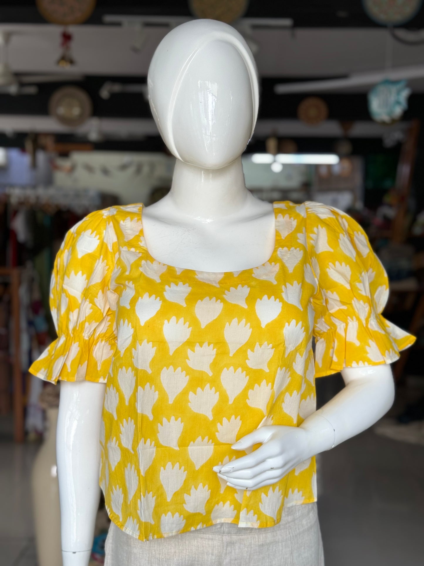 Yellow cotton hand block printed square neck tunic with puff sleeves
