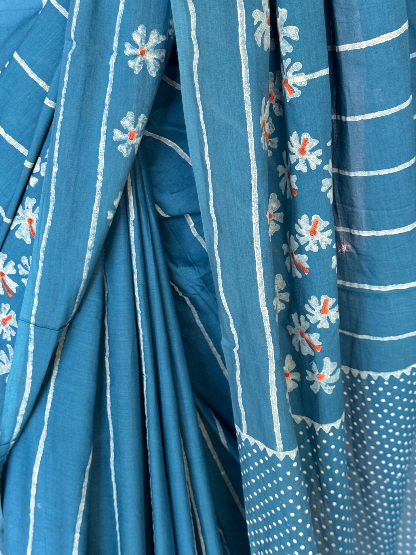 Parijat - the sacred flower - hand block printed teal tone cotton saree
