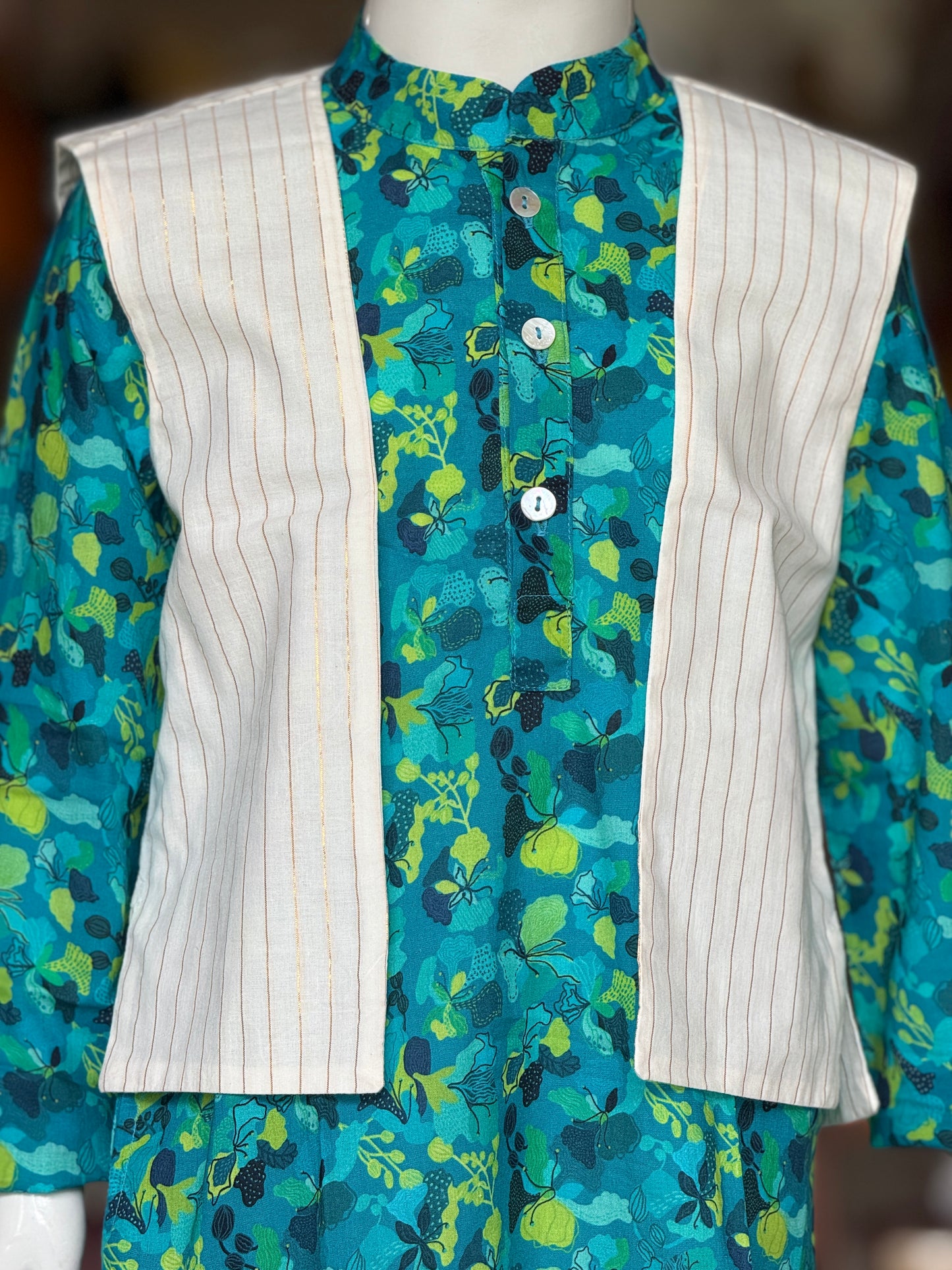 Blue green cotton kurta, white chudi pants and lurex jacket - 3 piece ethnic set for boys