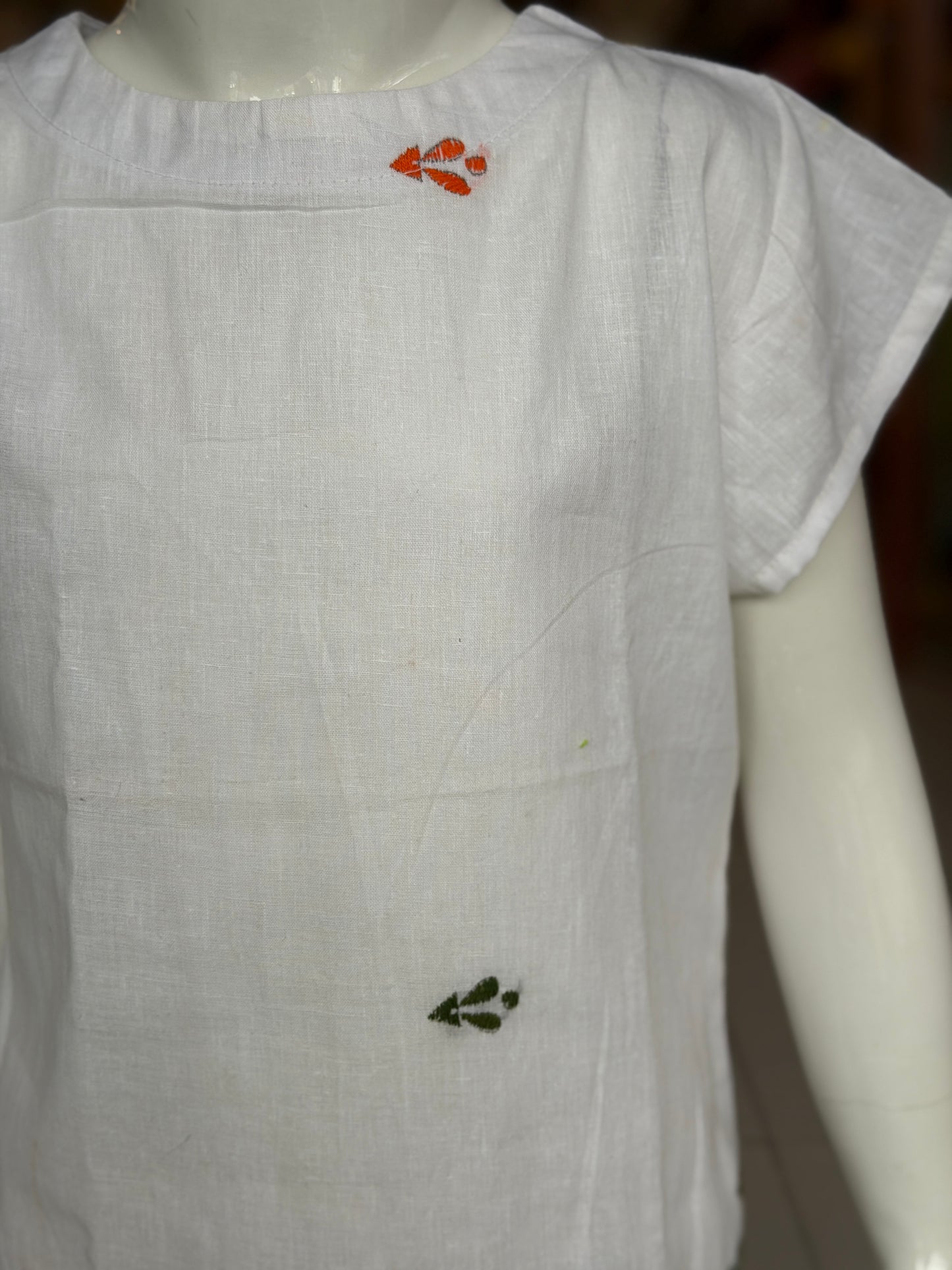 White cotton straight cut Kurti for girls with orange and green Kantha hand embroidery