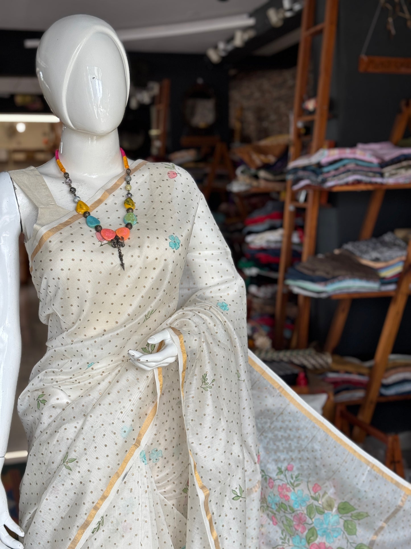 Off white with gold polka dots hand block print and flowers hand painted silk cotton saree