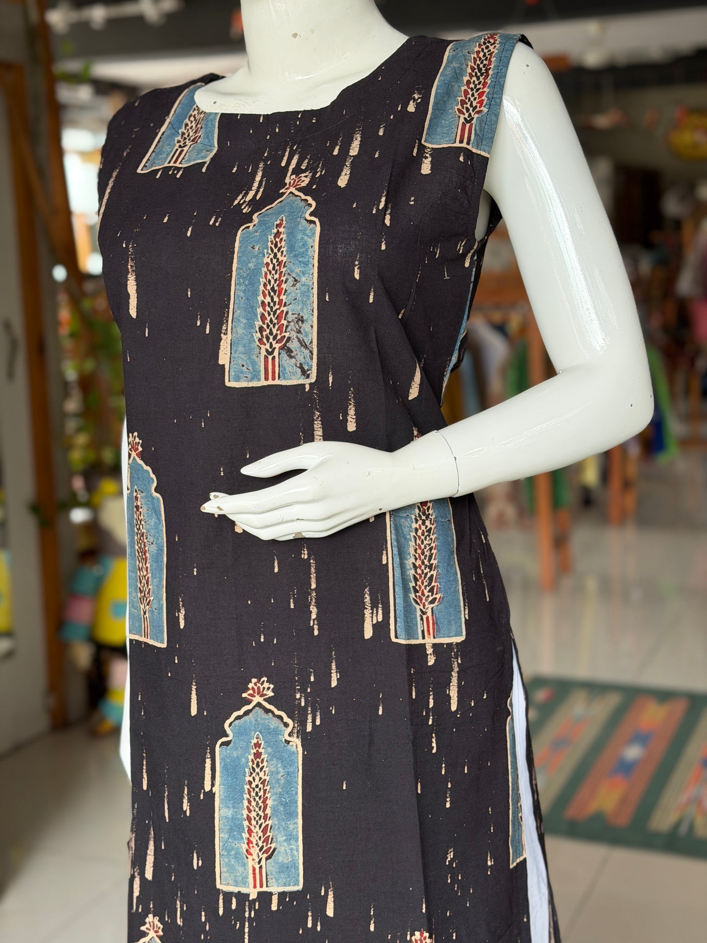 Black jharokha Ajrakh hand block printed cotton sleeveless straight kurti