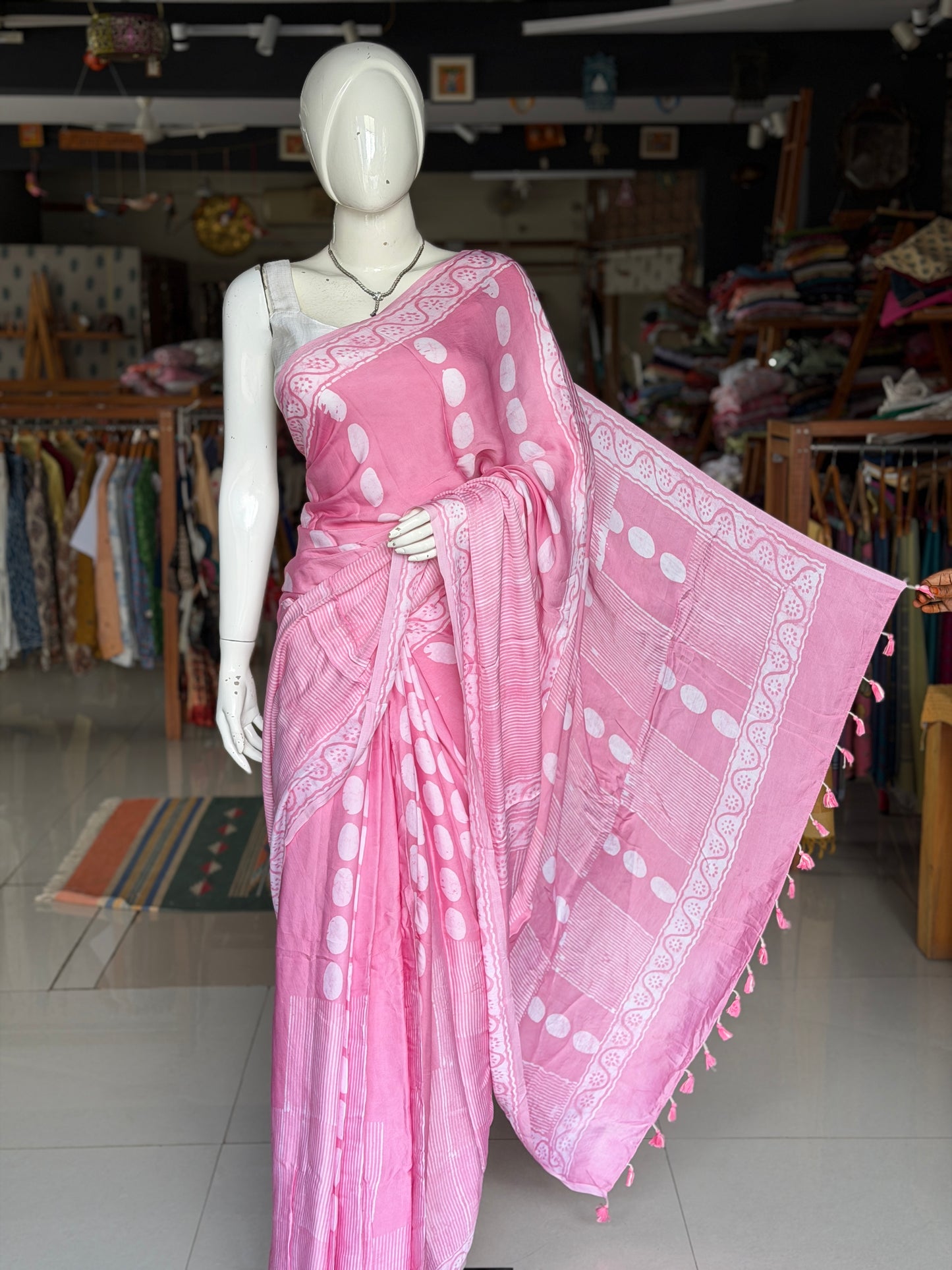 Soft pink hand batik flowy modal saree - circles and stripes