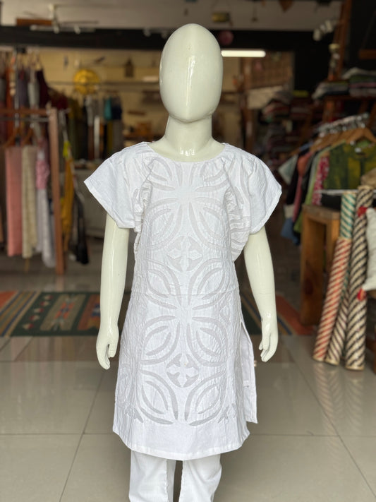 White appliq straight cut cotton kurti for girls
