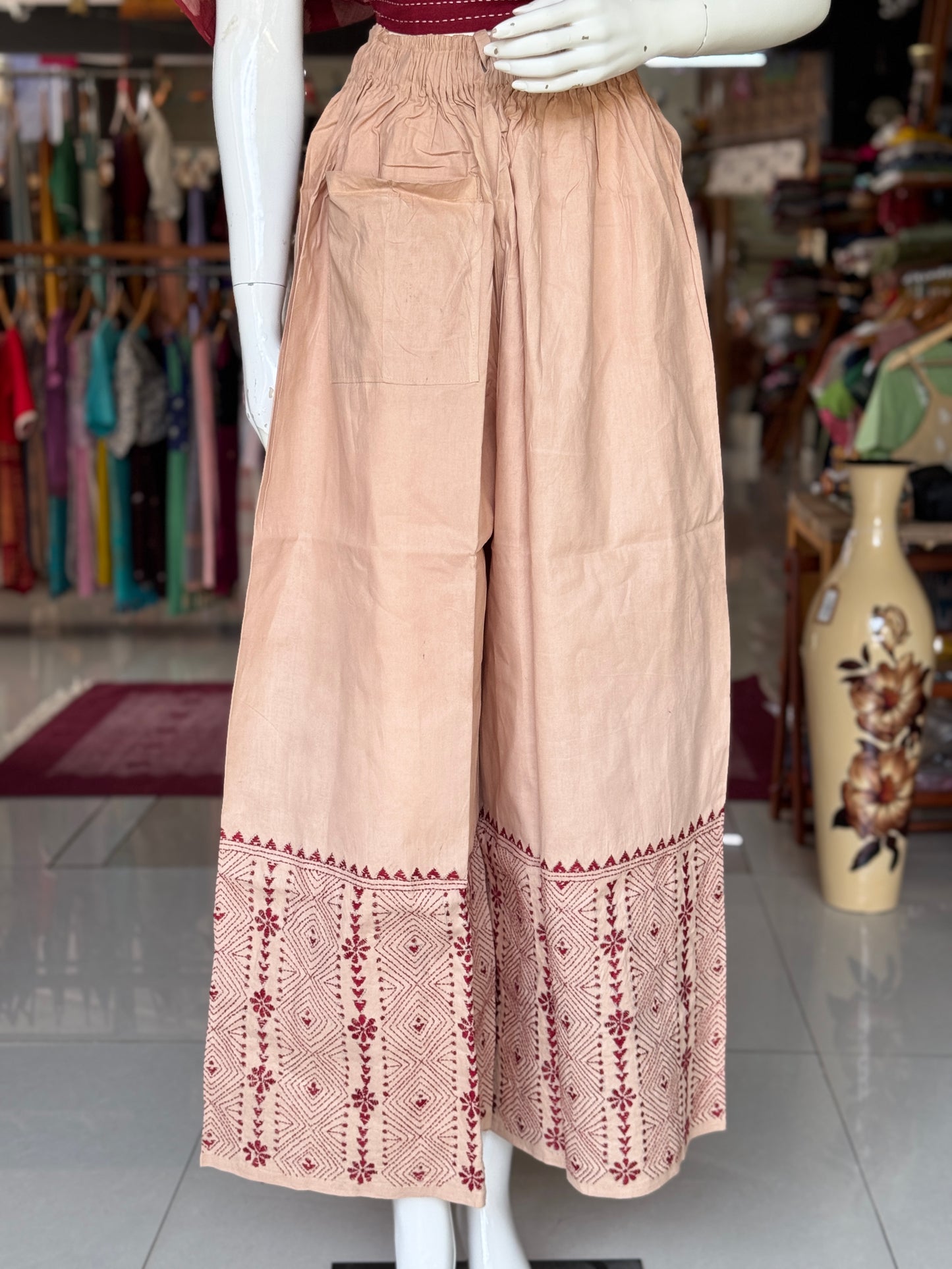 Kantha hand embroidered cotton poplin free size plazo with front pocket