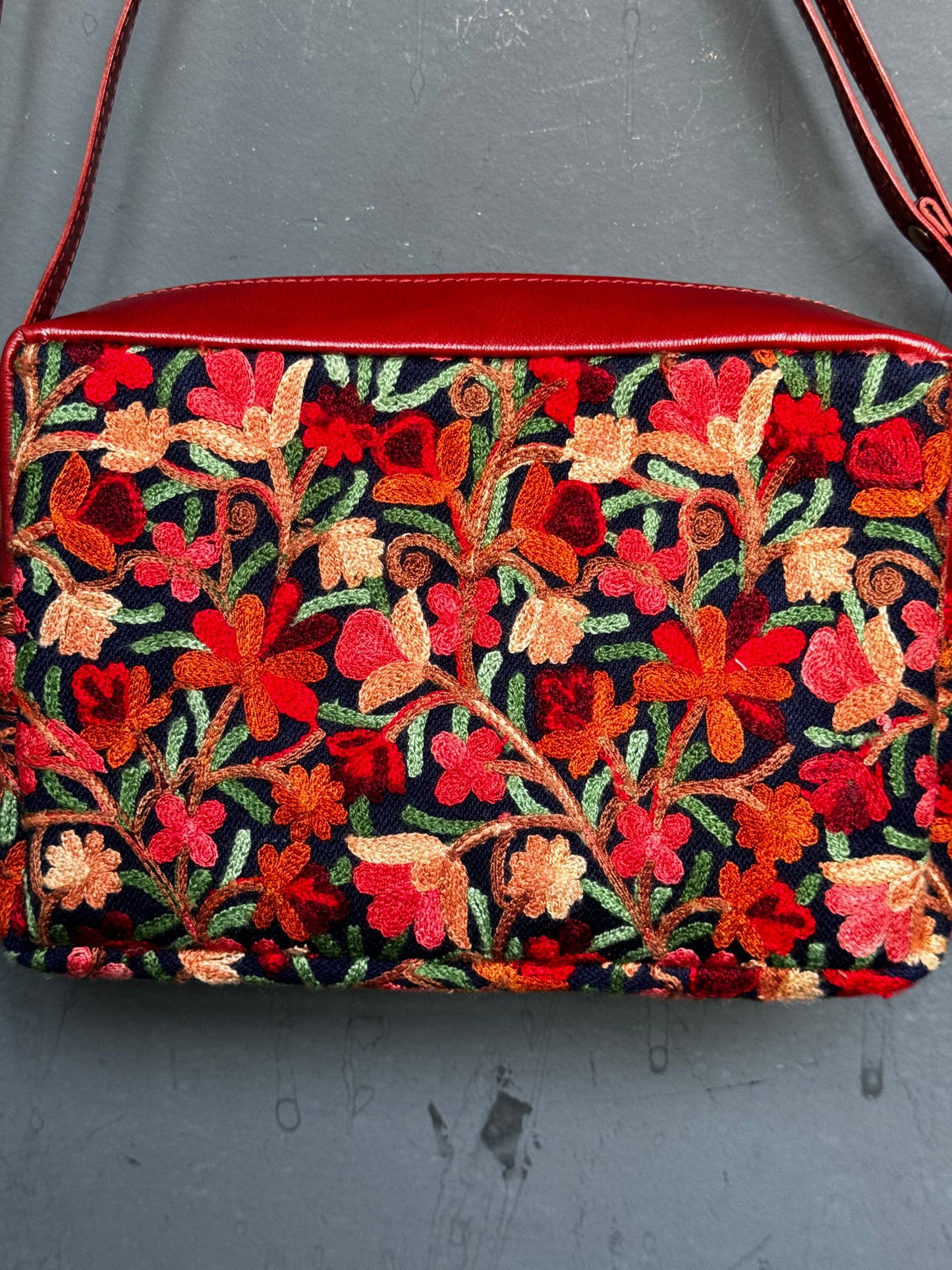 Black Kashmiri floral Aari embroidered rectangular leather box sling bag with adjustable length leather strap