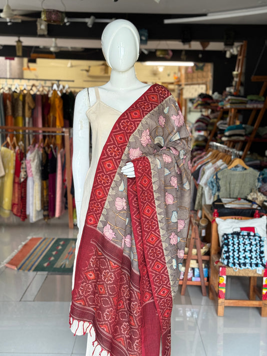 Ikat handloom + Pen Kalamkari hand painted cotton dupatta - 2 beautiful crafts in one dupatta - multiple designs available