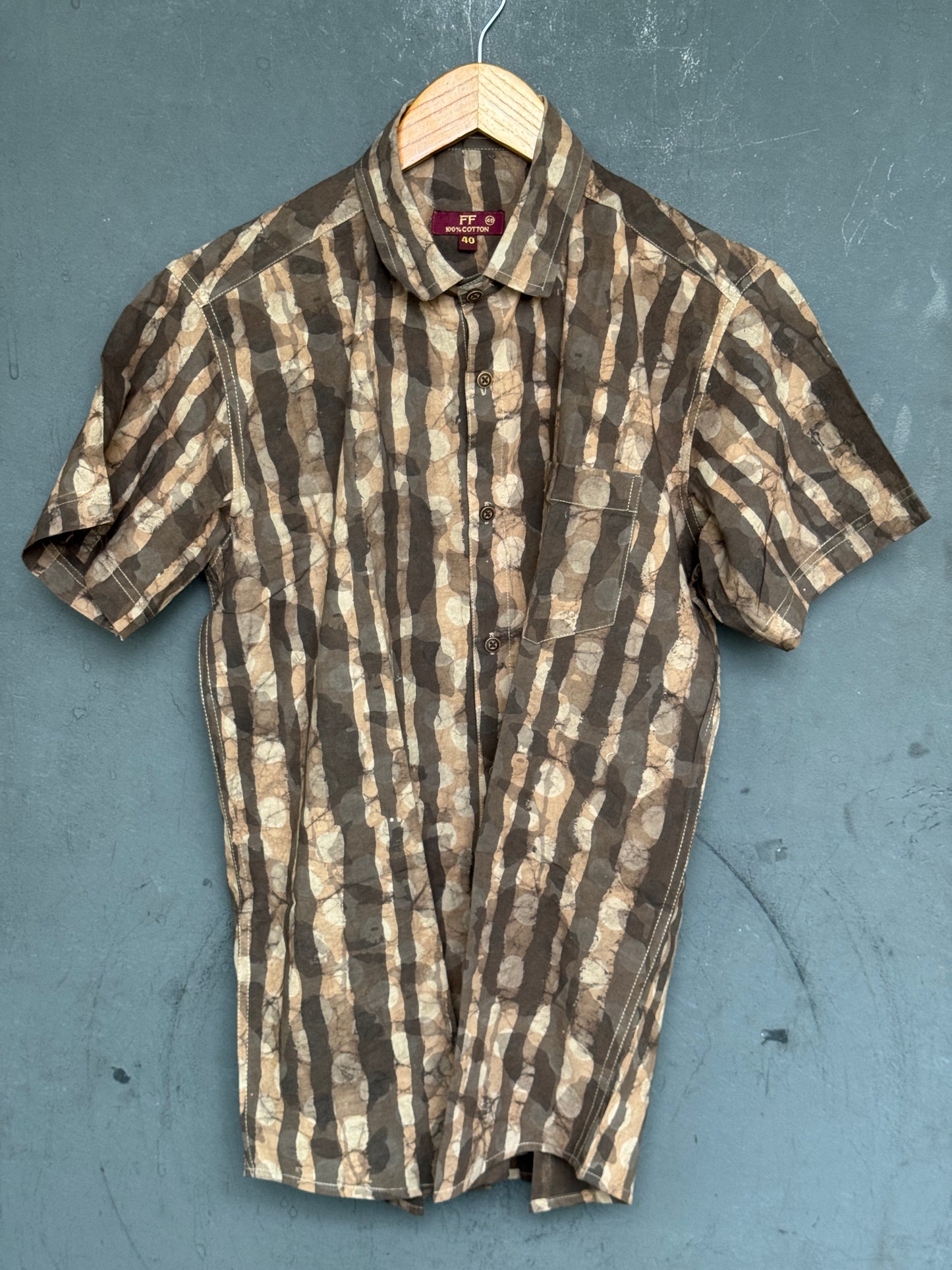 Brown stripes half sleeves mens hand block printed cotton shirt