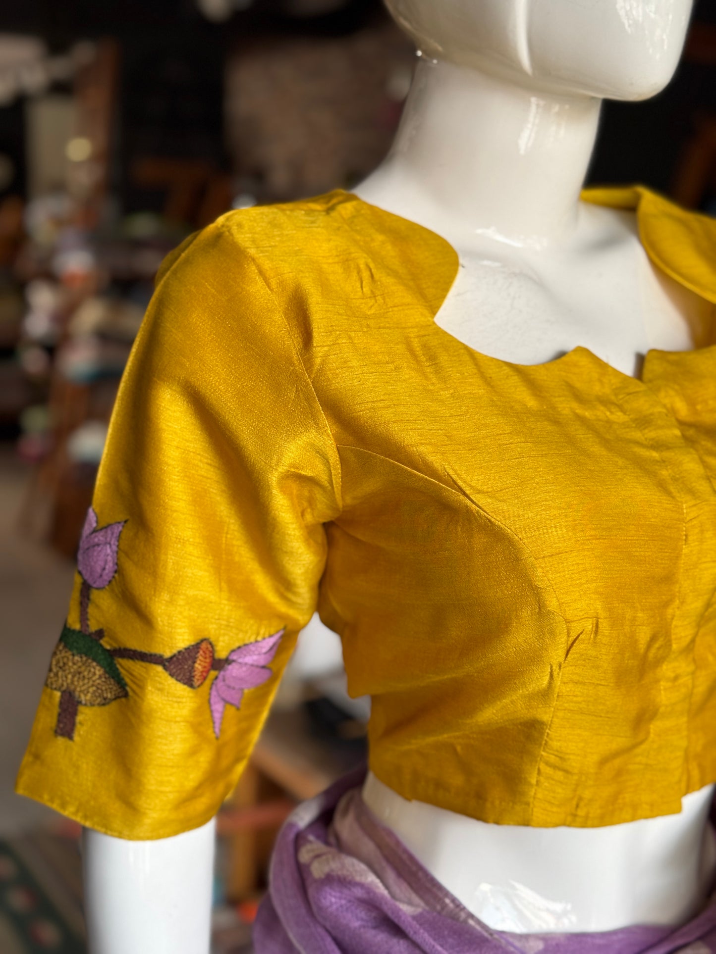 Yellow cow n calf with lotus - Kantha hand embroidered silk blouse