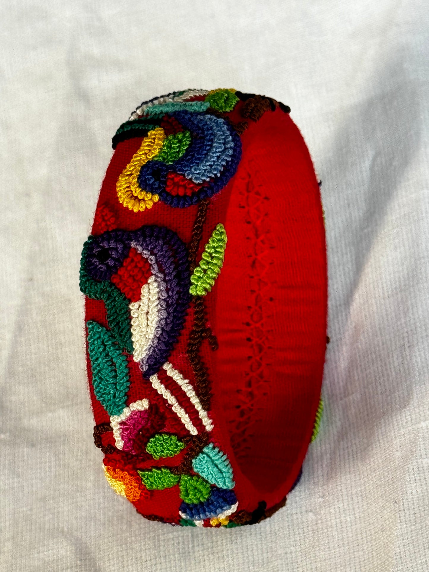 Red french knot birds hand embroidered bangle - single